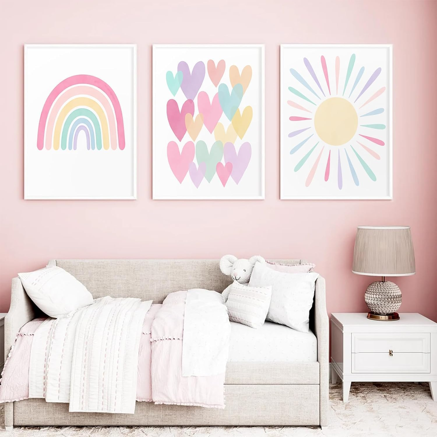 3Pcs Pink Nursery Canvas Wall Art Pastel Rainbow Sun Hearts Posters Prints Boho Pink Sunshine Painting Wall Decor Pictures for Toddler Girls Baby Kids Room Decoration, Unframed 12X16In