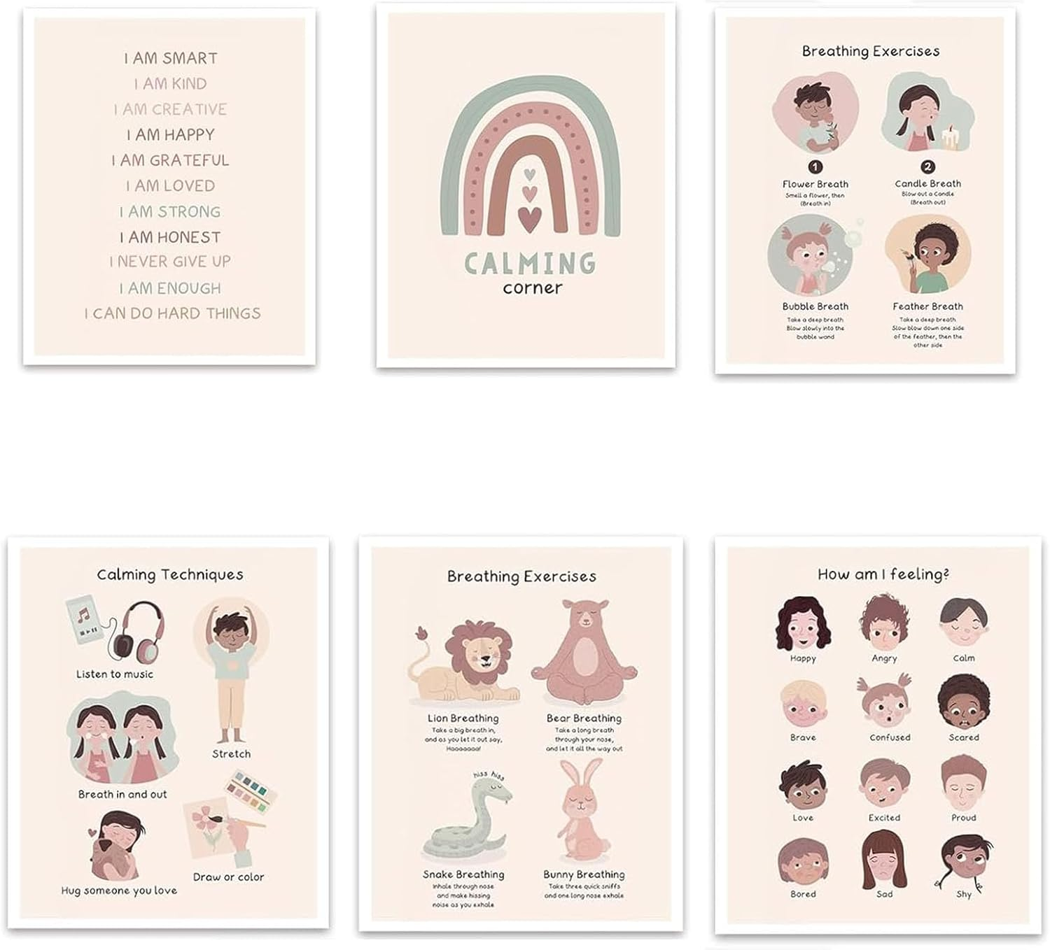 6Pcs Educational Posters, Calming Corner Posters Classroom Emotions Chart, Educational Posters for Toddlers Classroom Supplies - Feelings Wheel Chart for Emotional Awareness and Self-Regulation image number 3