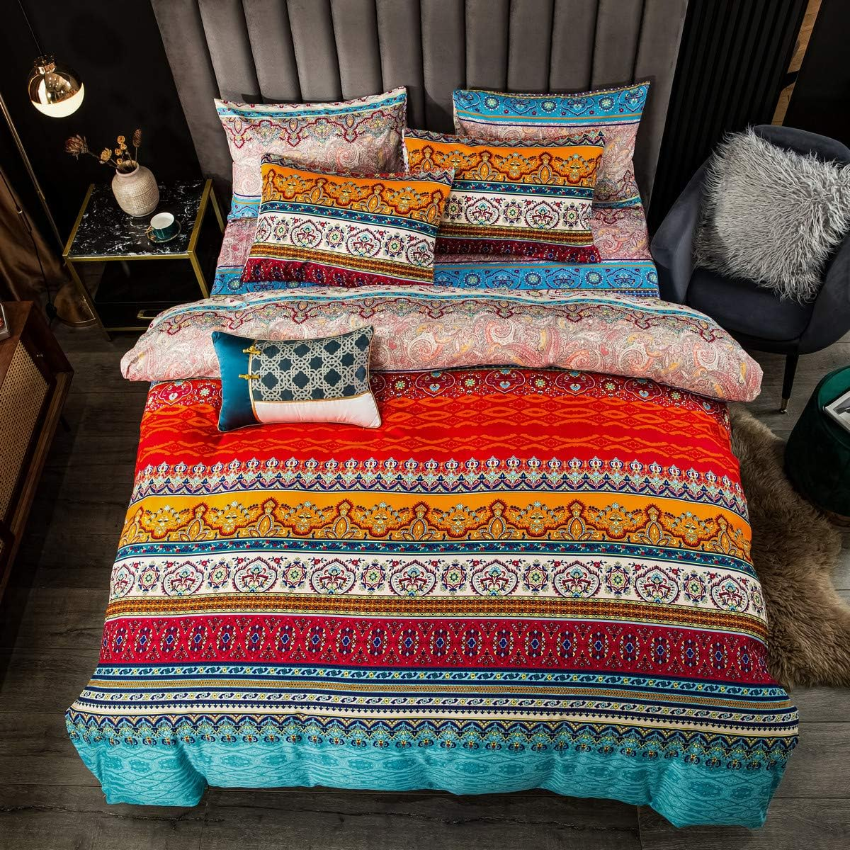Bohemian Duvet Cover Set Full Colorful Floral Boho Striped Bedding Set Ultra Soft Microfiber Double Duvet Cover Southwestern Indian Tribal Reversible Bedding Exotic Style Decor Boho Comforter Cover image number 2