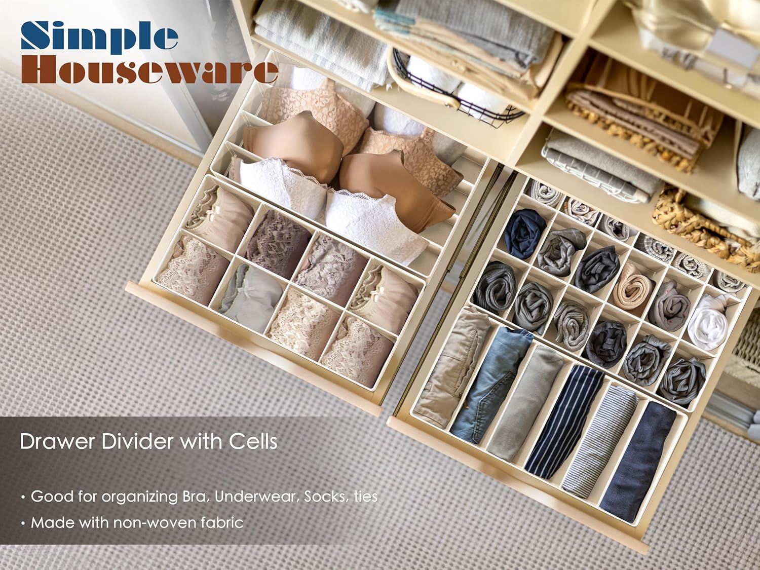 Simplehouseware Closet Underwear Organiser Drawer Divider 4 Set, Beige - Black image number 2