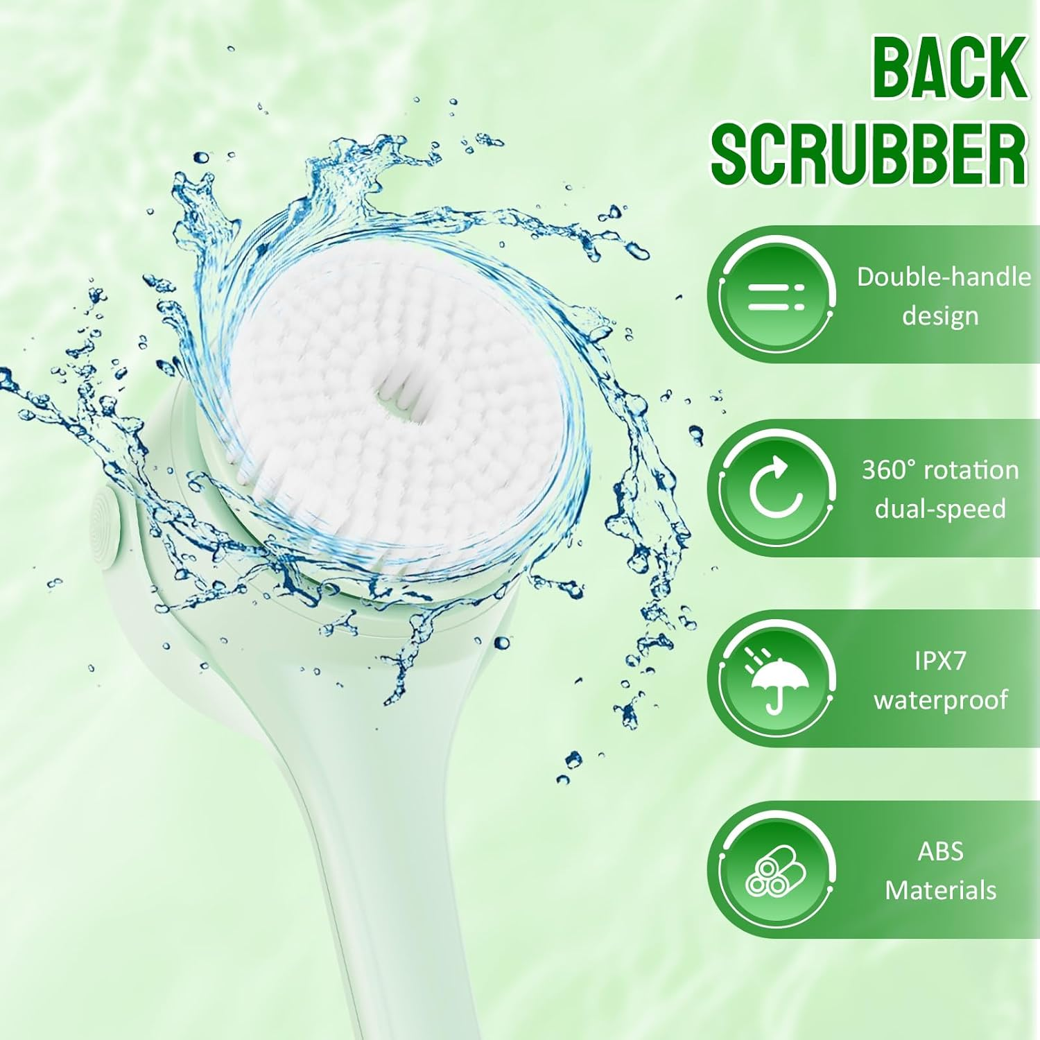 Electric Body Scrubber for Shower, 2 Handles & 4 Detachable Heads, IPX7 Waterproof, Rechargeable Deep Cleansing Body Brush, Electric Back Scrubber for All Skin Types (Green) - Green image number 4