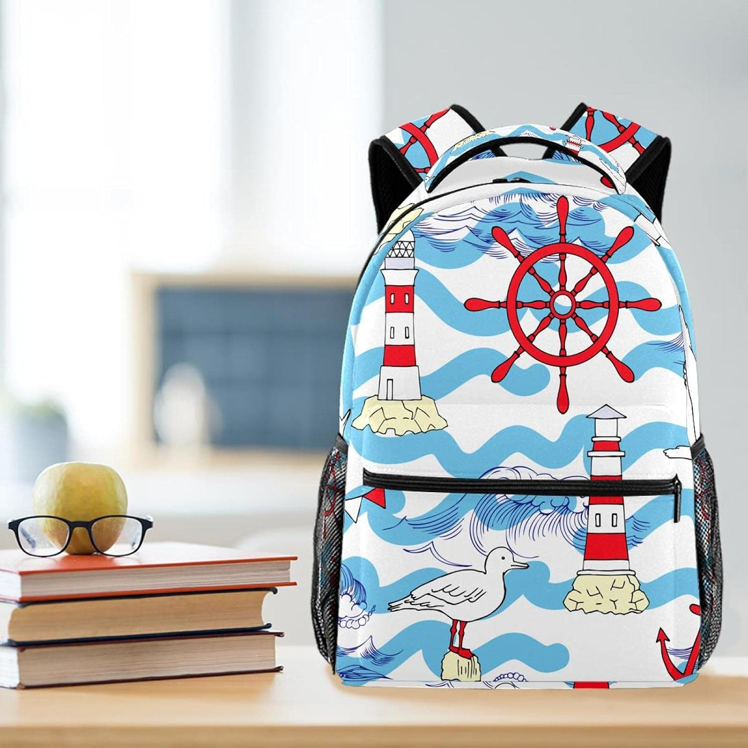 Nautical Travel Sea and Ocean Wheel Lighthouse Backpack Students Shoulder Bags Travel Bag College School Tote Backpacks image number 1