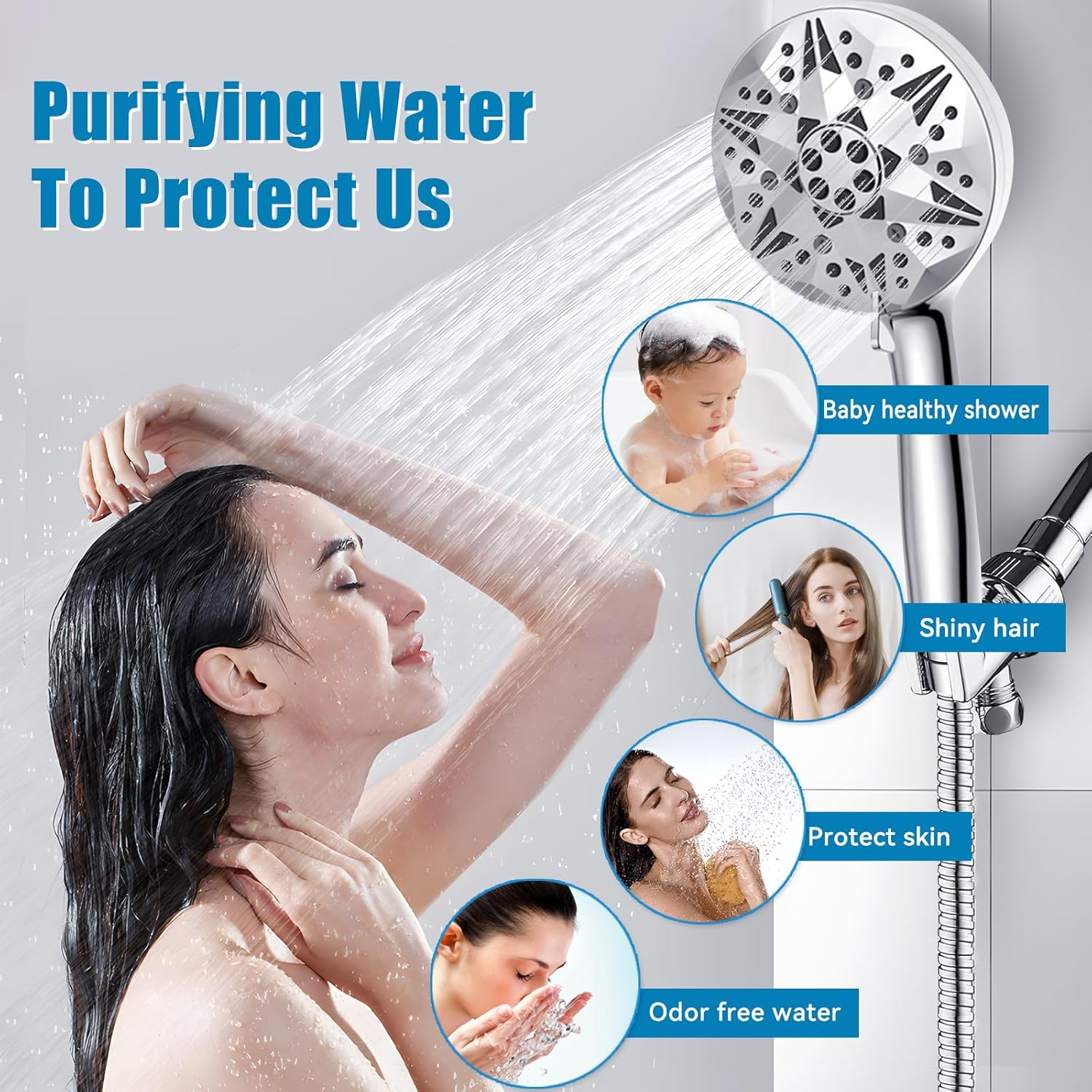 Kovizen Shower Head,10 Functions High Pressure Shower Head,15-Stage Water Filtration - Anti-Clog Nozzles,Large Filtered Shower Head for Tubs Tiles Walls Pets Cleaning image number 3