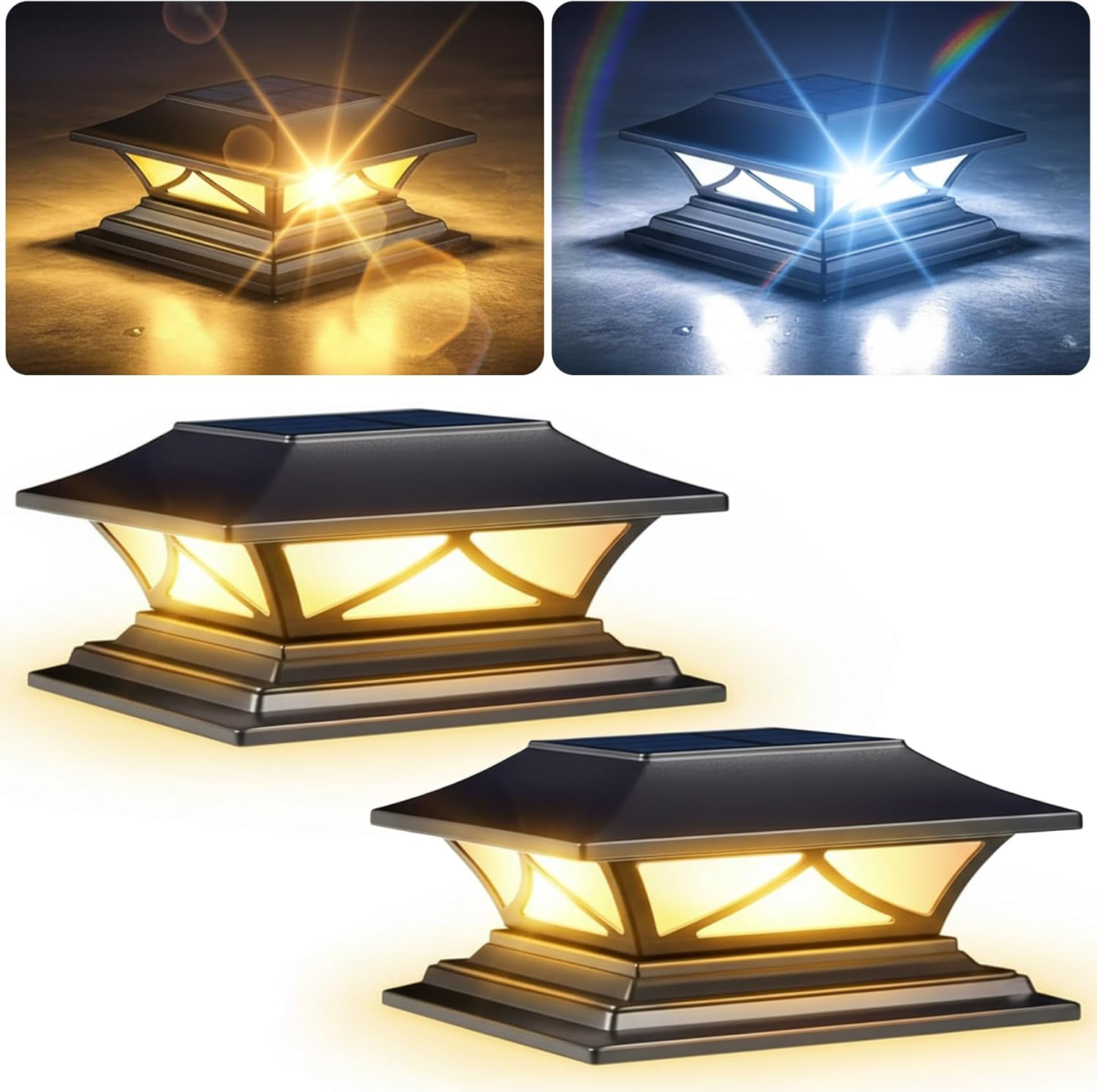 Solar Post Cap Lights 2 Pack, Solar Post Lights Outdoor Waterproof with 2 Color Modes, IP44 Deck Post Lights Solar Powered for 4X4, 5X5, 6X6 Vinyl/Wooden Posts, Decorate Deck, Patio, Porch, Fence image number 6