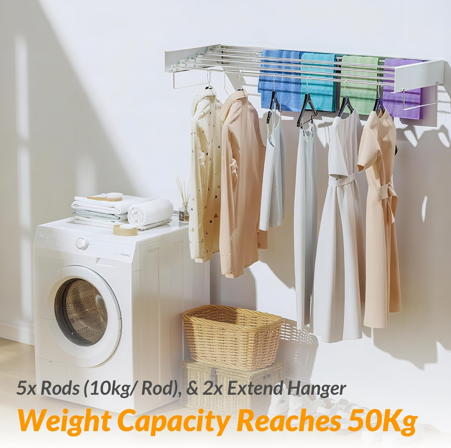 Hormes Wall Mounted Clothes Drying Rack 100CM, Foldable Indoor Clothes Line & Laundry Drying Rack with 5 Stainless Steel Rods, with 2 Towel Handles & Wall Template, 50KG Capacity for Indoor & Outdoor image number 4