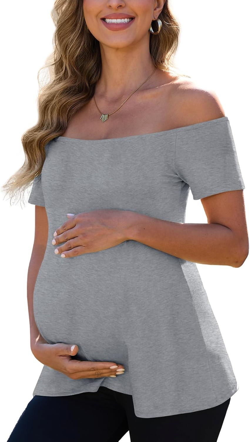 Women'S off the Shoulder Maternity Tops 2025 Trendy Summer Short Sleeve T Shirts Slim Pregnancy Shirts