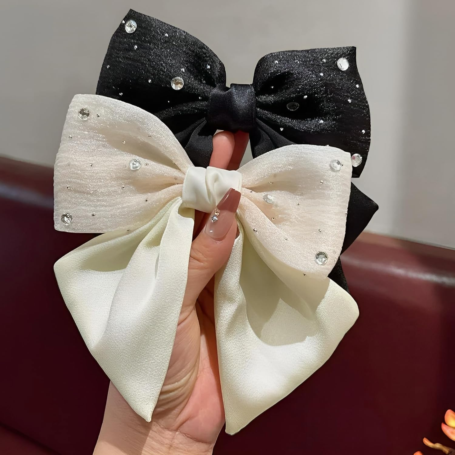 Ypkia Pack of 2 Hair Bow Rhinestone Women'S Hair Clips with Bow Fabric Satin Hair Bows Hair Clips for Women Girls (Black + Beige) image number 1