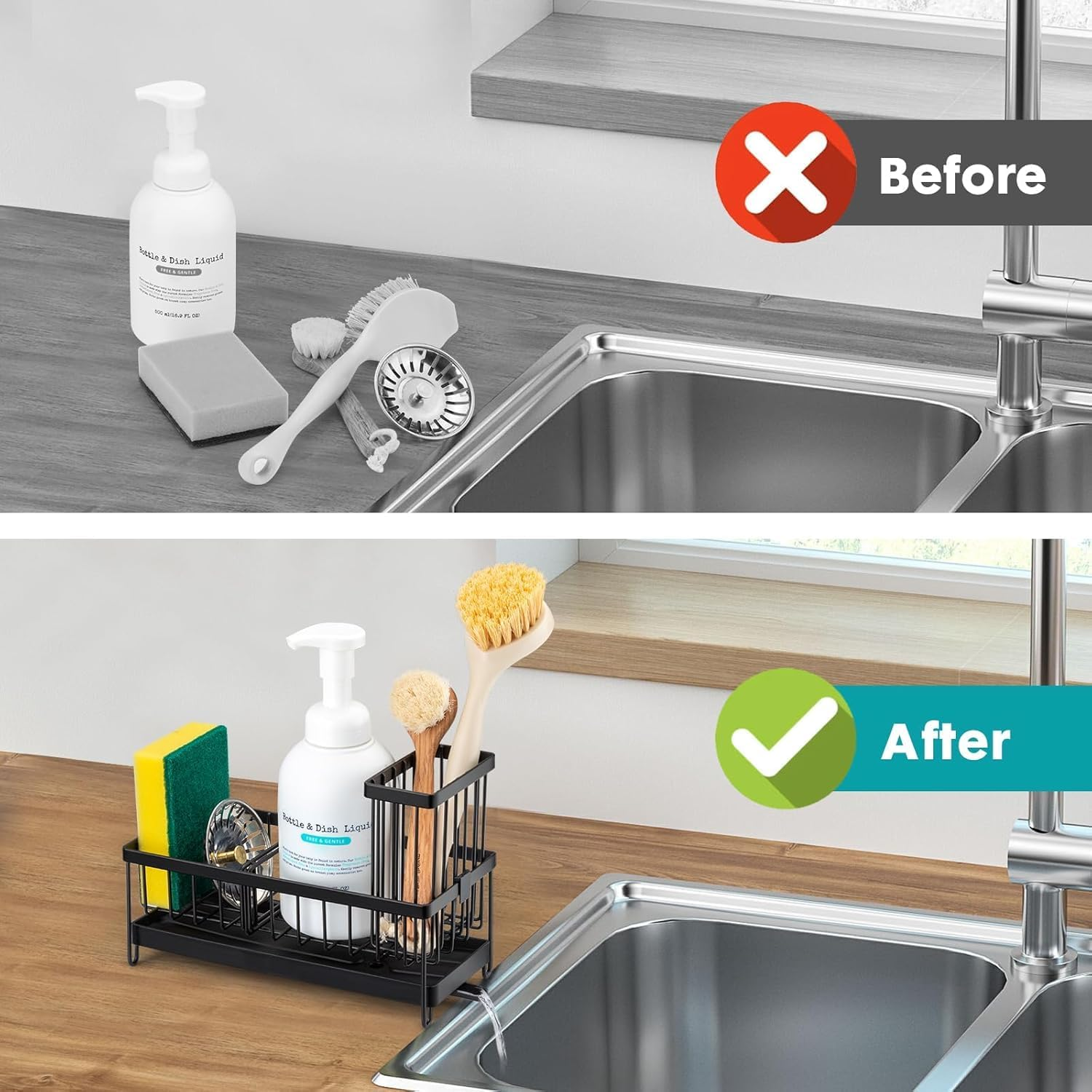 Kitchen Sink Caddy, Sponge Holder for Sink with Self Draining Tray，Rustproof Kitchen Sink Organzier and Storage with Brush Holder