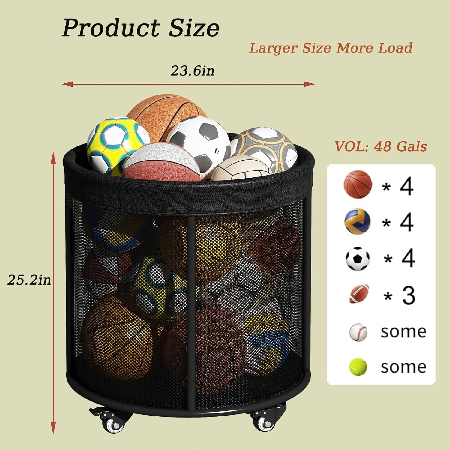 Ball Storage Cart Ball Storage Bin for Balls, 48 Gals Mesh Ball Holder, Basketball Rack with Wheels, Outdoor, Indoor image number 1
