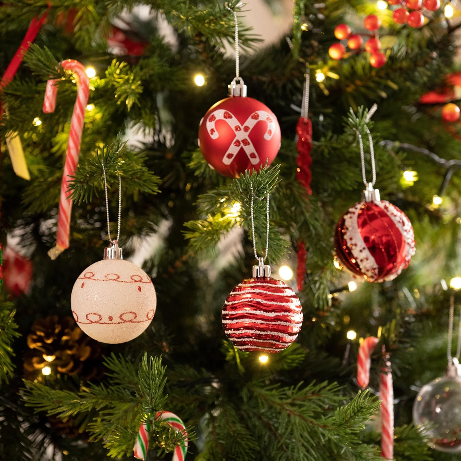 Valery Madelyn Christmas Valentines Ornaments Set, 16Ct Candy Cane Red and White Shatterproof Christmas Ball Ornament Set, 2.36 Inch Assorted Hanging Tree Decoration Bulk for Xmas Holiday Decor image number 3