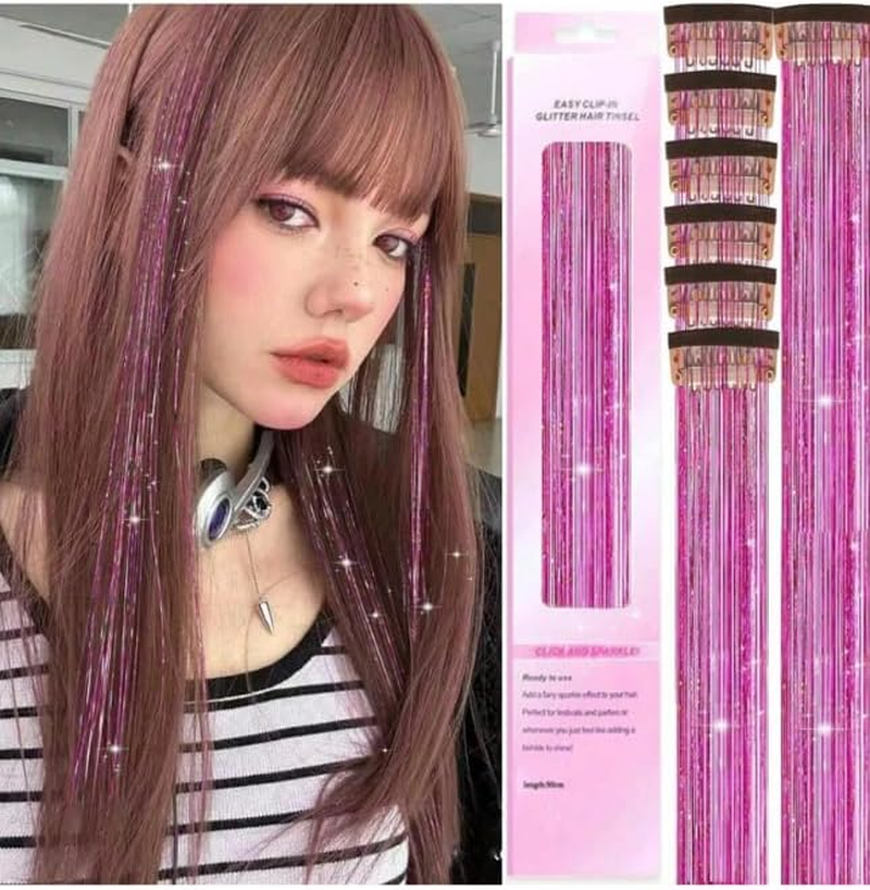 6 Pieces Clip in Glitter Tinsel Hair Extensions. Festival, Party, Dress Up, Glamour, Glitter 20 Inches - Heat Resistant (Bright Blue) - Bright Blue image number 6