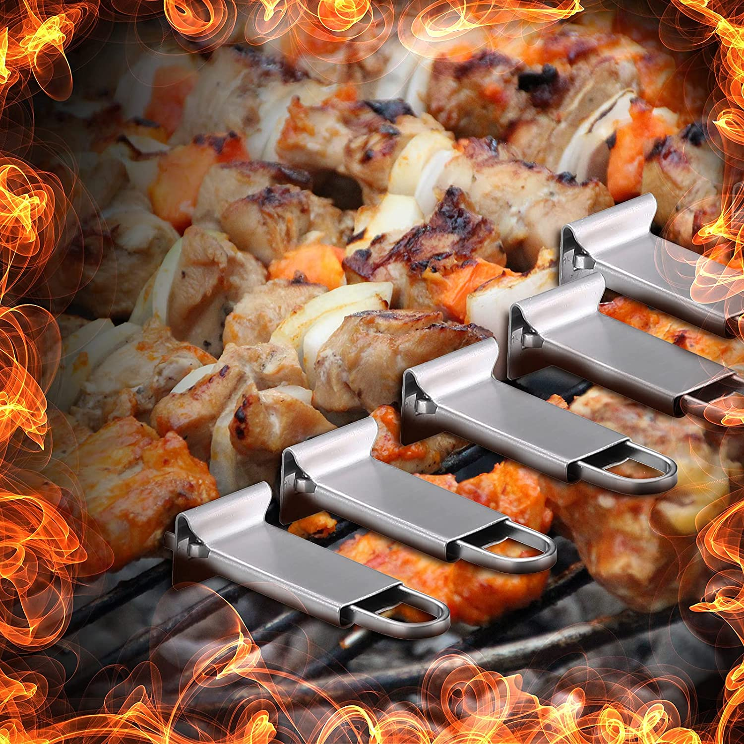 Lallisa Kabob Skewer for Grilling Metal Stainless Steel BBQ Skewer Stick with Push Bar Reusable Double Pronged Kebab Skewer Tool Quick Release Meat Chicken Vegetable and Fruit for Father (12 Pieces) image number 3