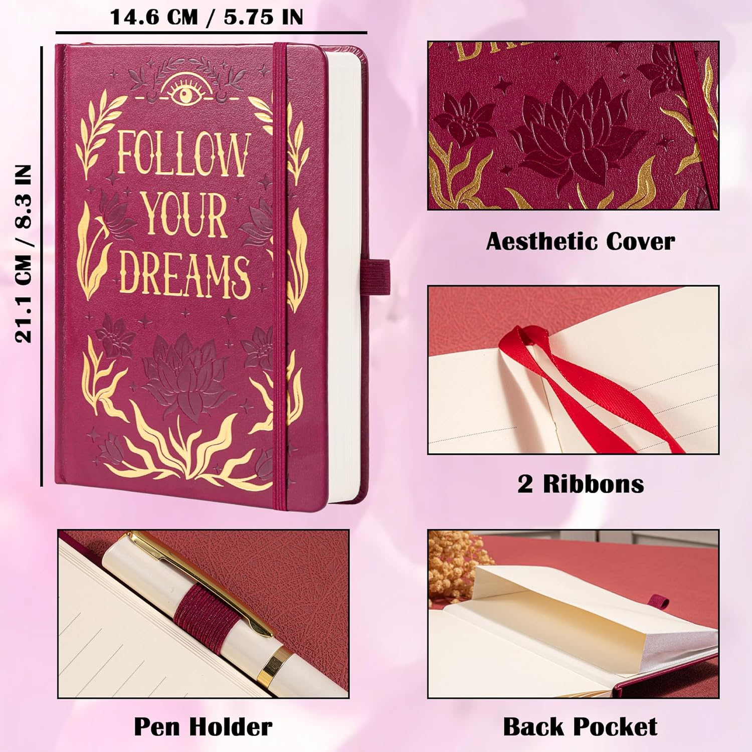 MGGAO College Rule Notebook for Women Men, 318 Numbered Pages Journal, A5 Butterfly Floral Journals for Writing, Aesthetic Notebooks, Work School Note Taking, 5.4" X 8.4" - Pink image number 2