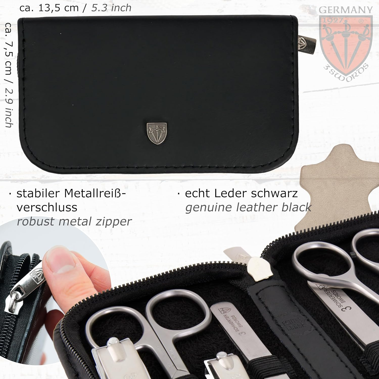 3 Swords Germany - Brand Quality 6 Piece Manicure Pedicure Grooming Kit Set for Professional Finger & Toe Nail Care Scissors Clipper Fashion Leather Case in Gift Box, Made in Solingen Germany (Fhjli) BLACK - GENUINE LEATHER - Black - Men Edition image number 4