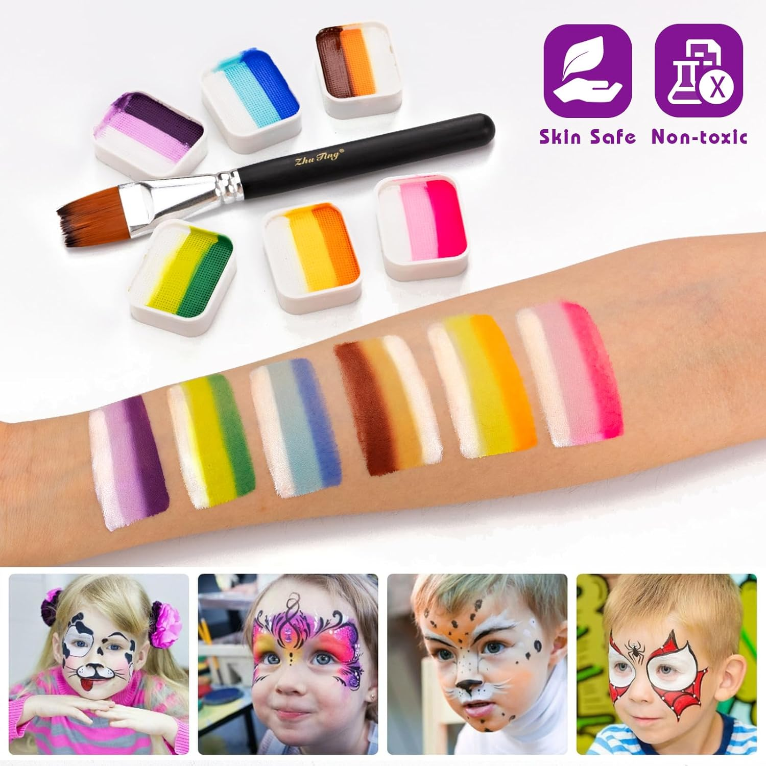 Face Paint Kit-12 Split Cake Palettes Face Painting Kit Professional with Stencils for Kids Adults, Rainbow Non Toxic Water Activated Facepaint Makeup Kit with Brush Set for Party,Halloween,Christmas image number 4