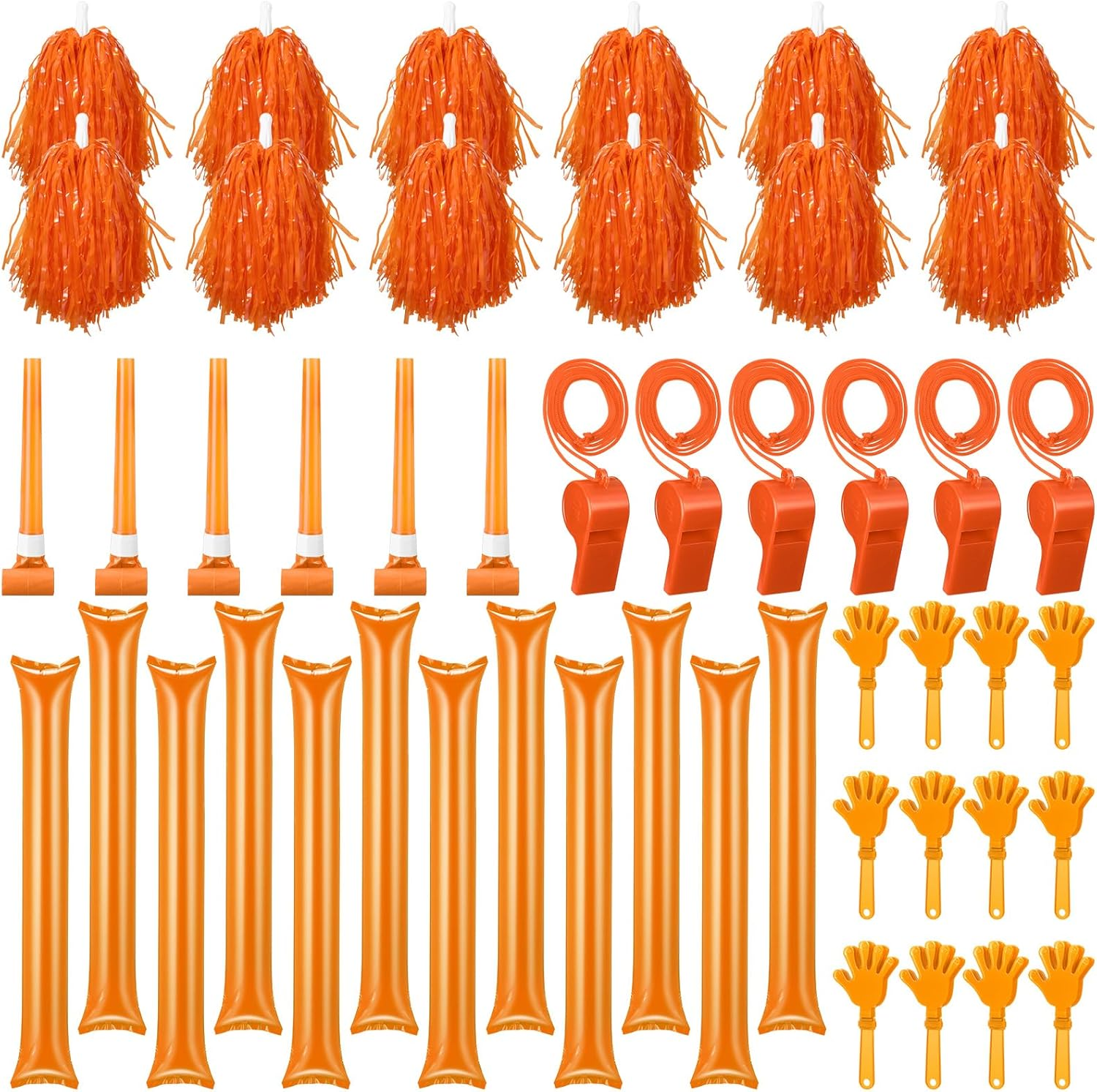 48 Pcs Cheerleading Pom Poms Thunder Sticks Hand Clappers Plastic Whistles with Lanyards Squawker Horns image number 2