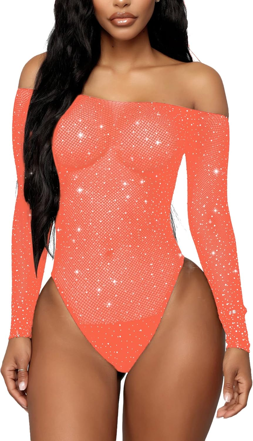 RSLOVE Women Lingerie Fishnet Bodysuit Sparkle Rhinestone Sexy Mesh Teddy Lingerie