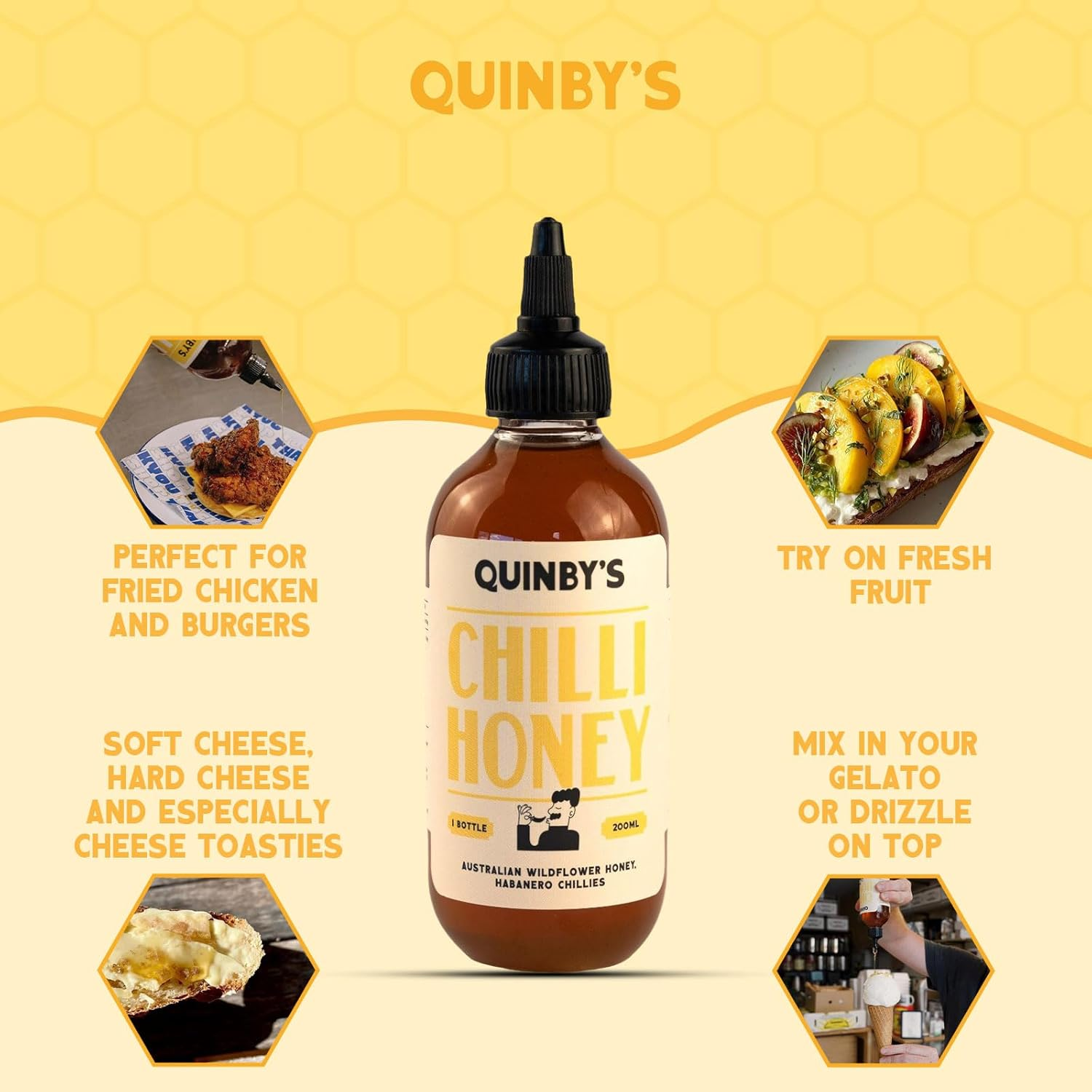 Quinby&rsquo;S Chilli Honey - Premium Australian Wildflower Chilli Infused Honey with Habanero Chillies, Sweet and Spicy Gourmet Sauce for Cooking, Drizzling, Marinades & BBQ - 200Ml