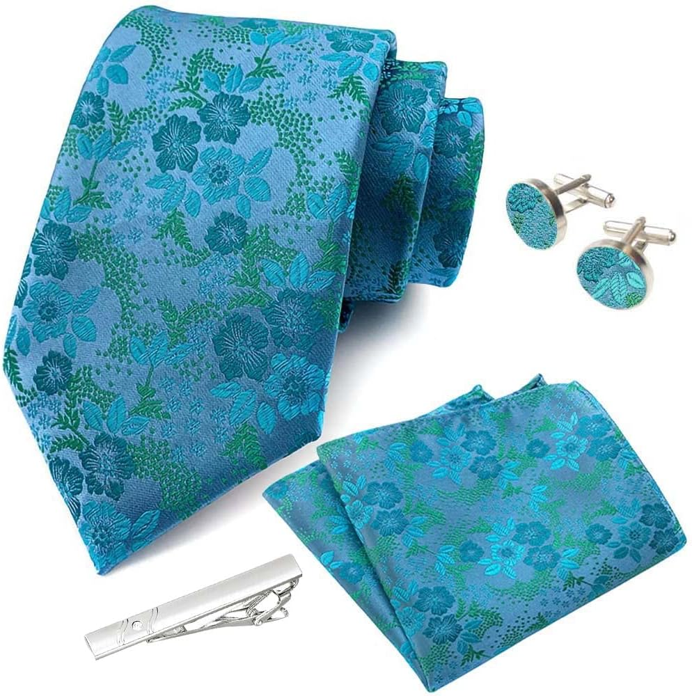 Men'S 8Cm Silk Fashion Floral Tie Hanky Cufflinks Clip Gift Box Bag Set Ac8888