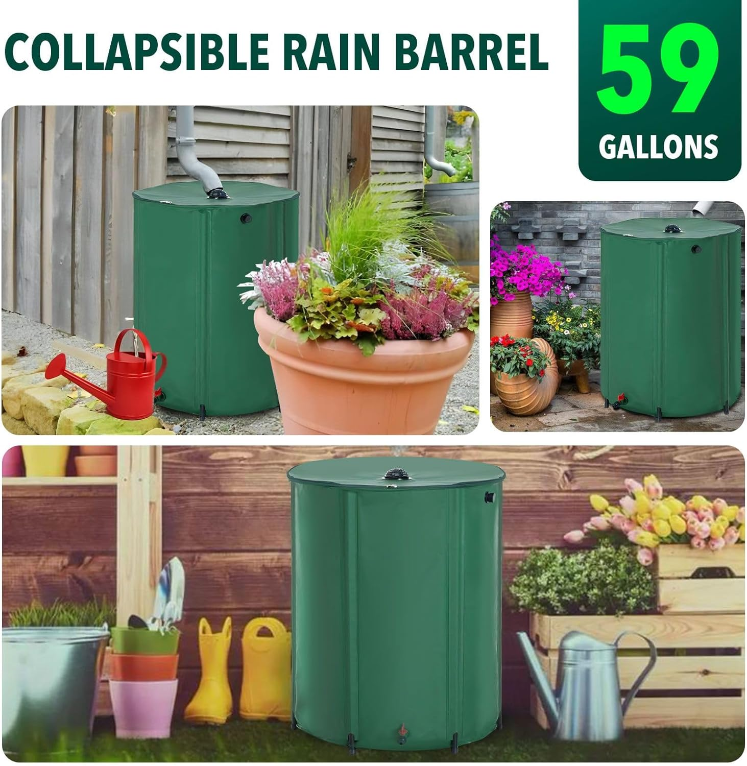 225L Rain Water Tank Barrel Rainwater Collection System Collapsible Bucket Portable Storage Container Catcher Garden Watering Harvesting 59 Gallon image number 1