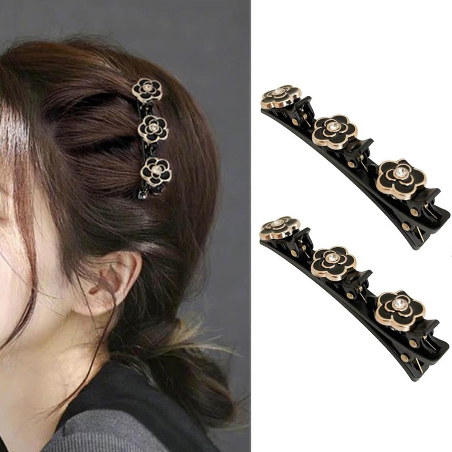 Braided Hair Clips with Sparkling Crystal Stone and 3 Small Clips Beaded Hairpin Duck Bill Clip Braided Hair Clip with Rhinestones for Women as a Gift (Style: J)