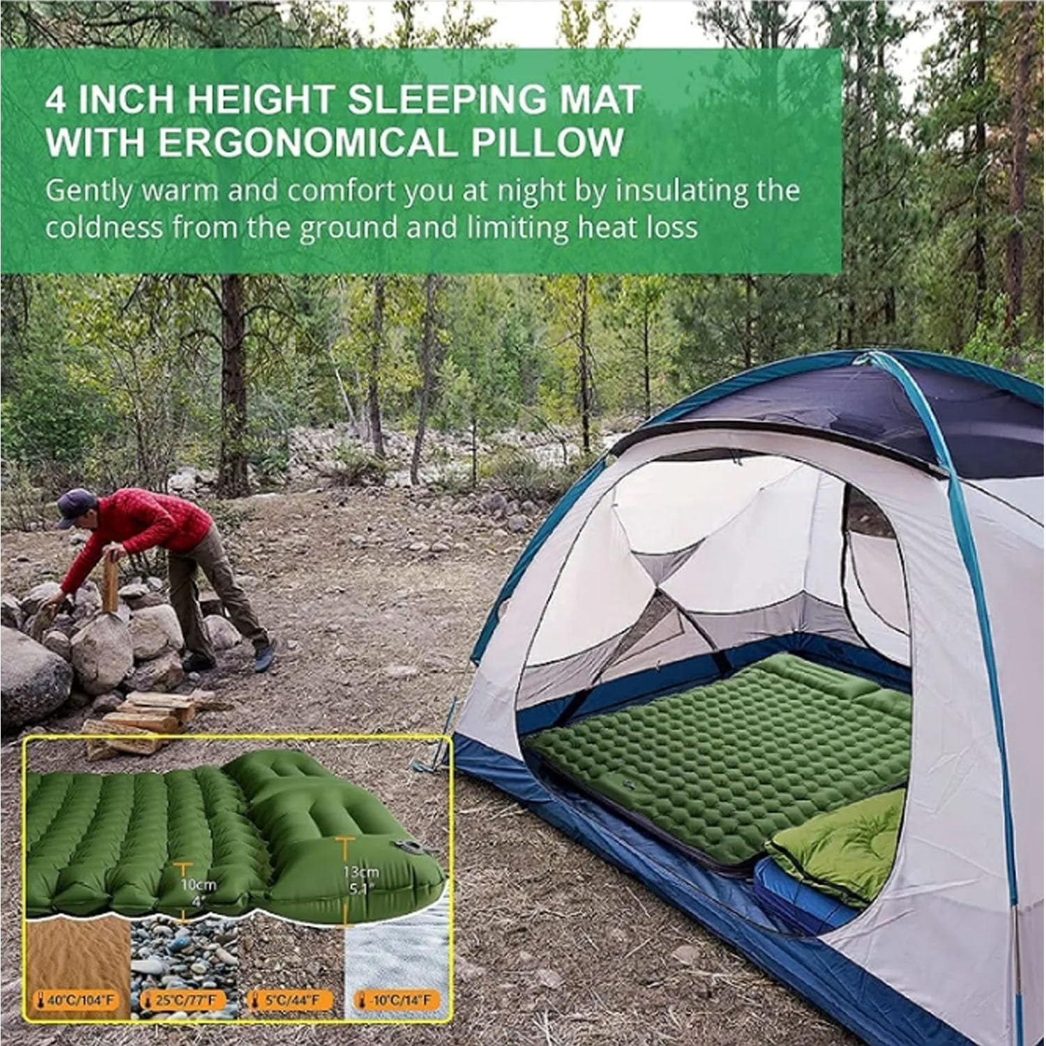Double Sleeping Pad, Ultra-Thick Self Inflating 2 Person with Pillow Built-In Foot Pump Camping Sleeping Mat for Backpacking, Hiking, Traveling, Tent, Portable Camping Mat image number 5
