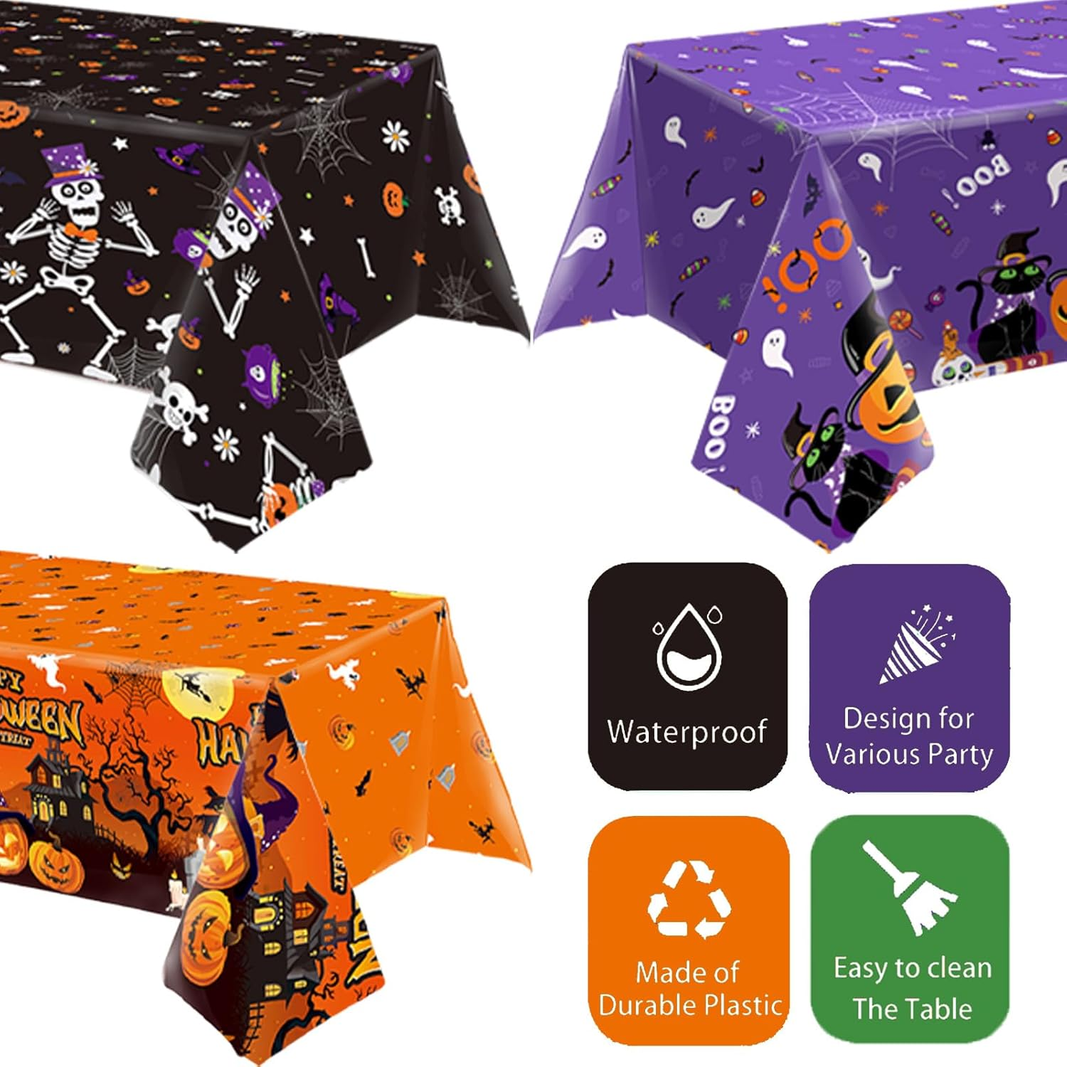 OQOQ Halloween Tablecloth (3, Black Orange Purple), 108X54 Inches Halloween Plastic Table Cloth Disposable Party Favors Pumpkin Boo for Outdoor Indoor Table Decor Backdrop Banner Party Supplies image number 1