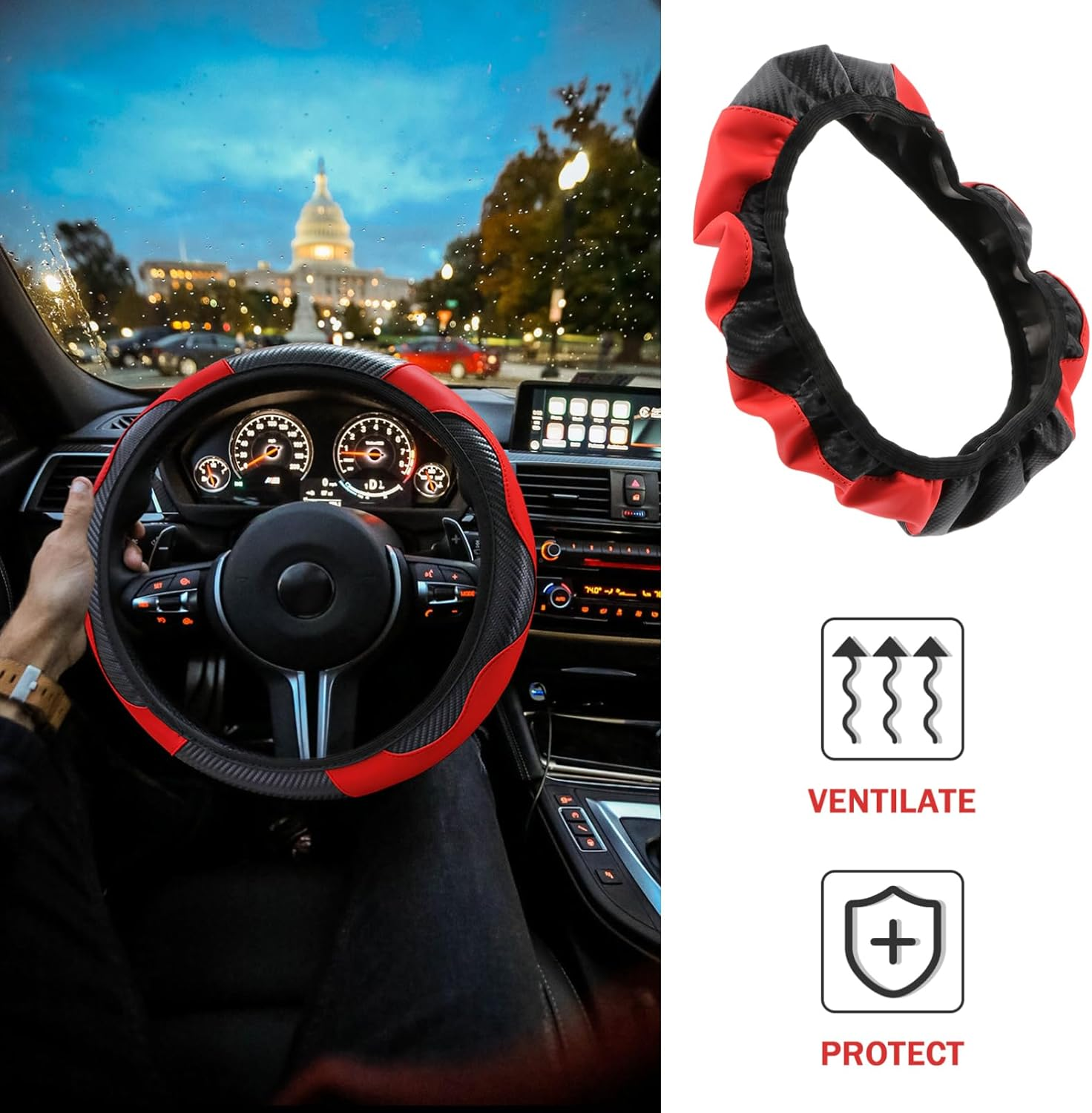 ULTECHNOVO Carbon Fiber Steering Wheel Cover Elastic Band Car Steering Wheel Protector for Sporty Look image number 3