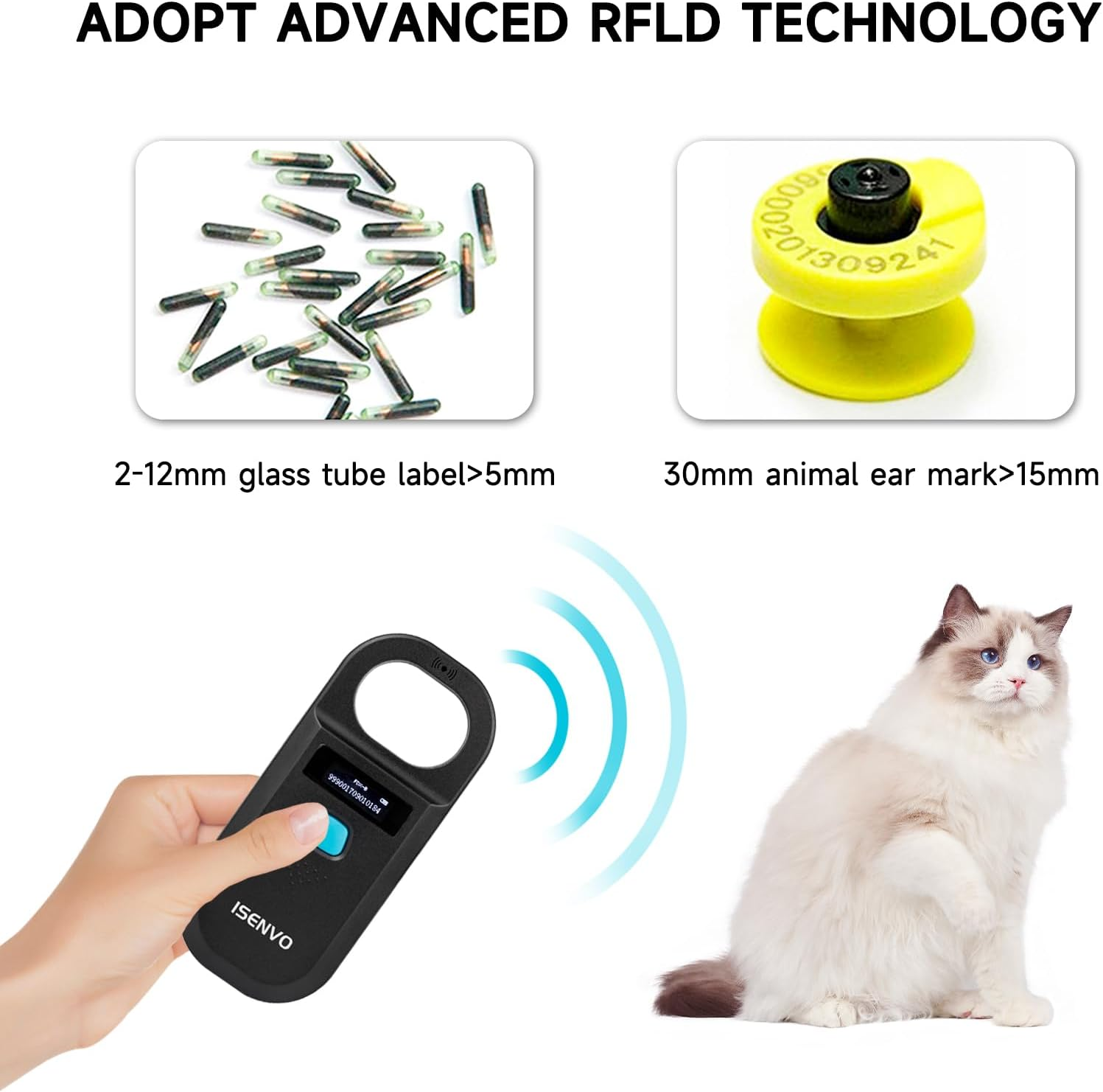 ISENVO Pet Microchip Scanner Rechargeable RFID EMID Micro Chip Reader Scanner 134.2Khz 125Khz 15 Digits Pet Chip ID Scanner for Animal/Pets/Pigs/Dogs/Cats (190A)