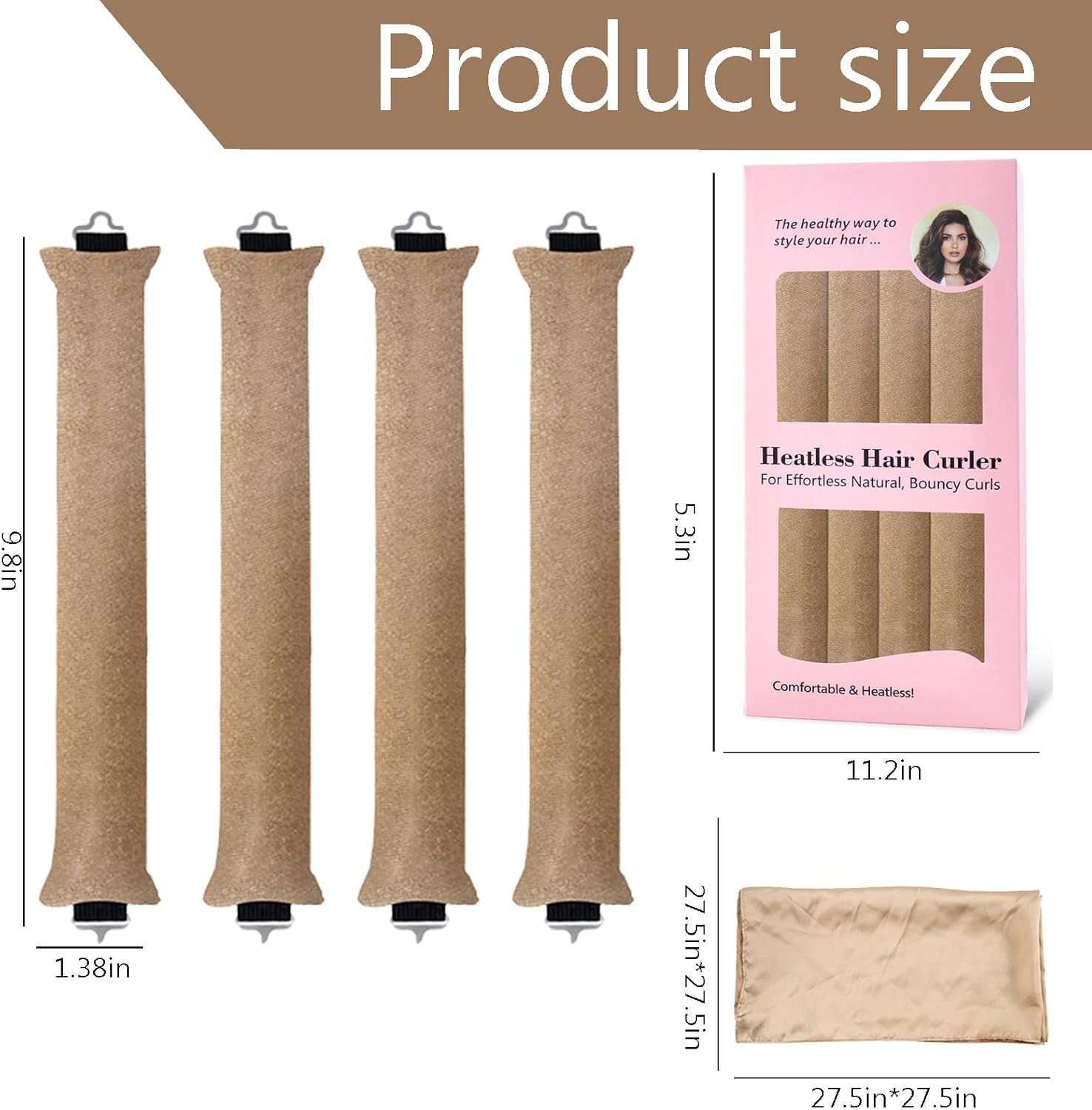 Heatless Hair Curler Rod Headband for Styling Tools, Sleep Overnight Curling Rollers Set, 4 Pack Khaki Color Rods with One Silk Head Scarf