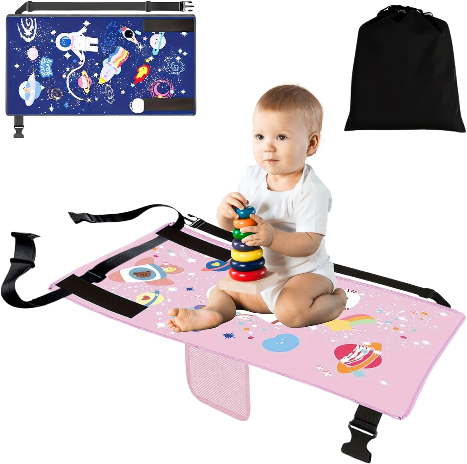 Airplane Travel Bed for Kids, Airplane Seat Extender Portable with Side Pocket, Airplane Travel Accessories for Kids, Foot Leg Rest Hammock Cot for Flights, Compact&Light (Pink)