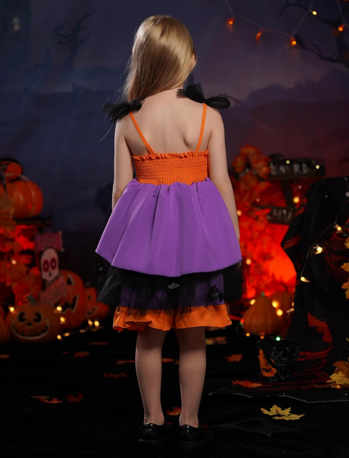 IDOPIP Baby Girls Halloween Tutu Dress Pumpkin Witch Princess Birthday Party Dresses Ruffle Tulle Bowknot Dress up Costume