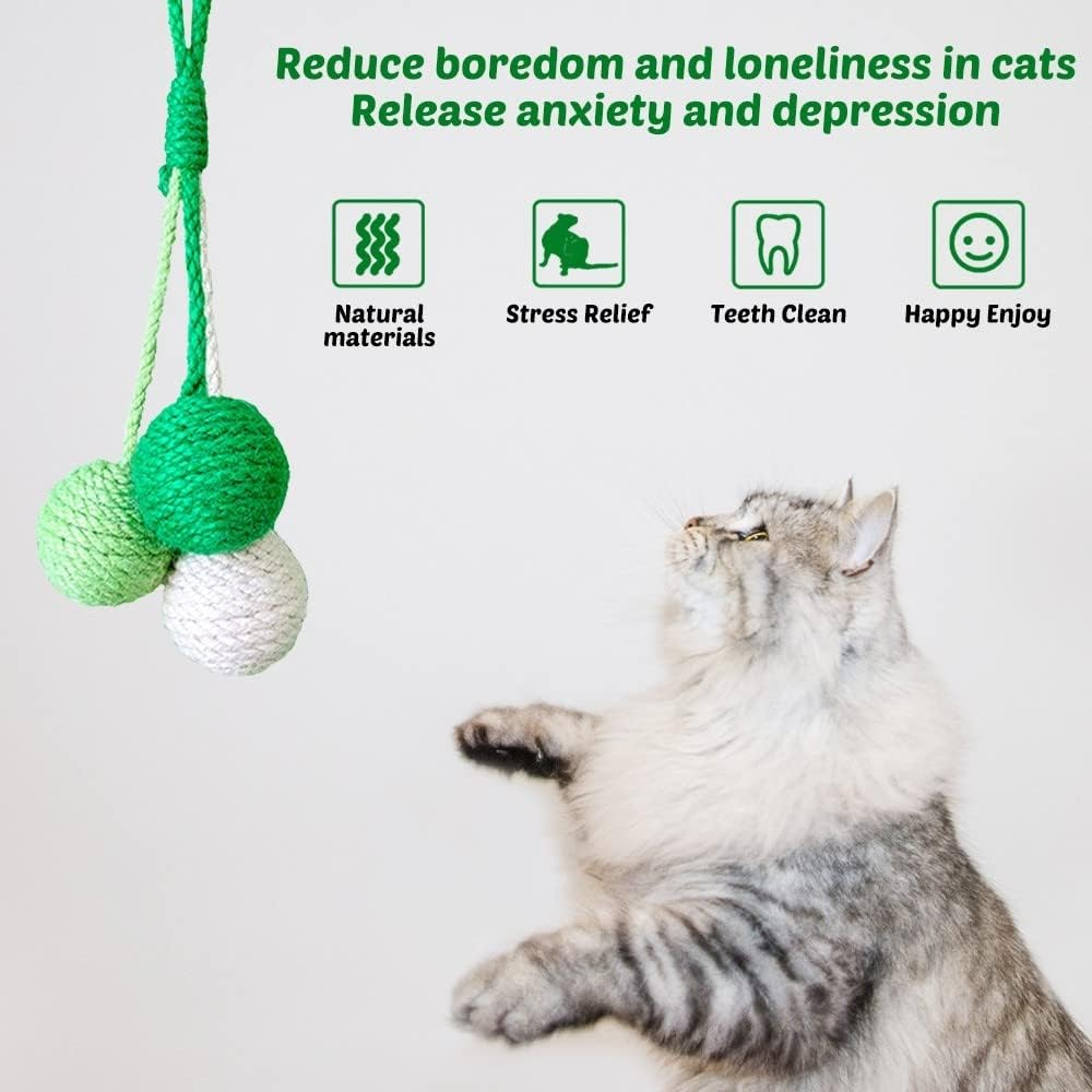 Mioyoow Cat Hanging Toy, Healthy Safe Sisal Teaser Ball Hanging Interactive Cat Exercise Toy with Sound for Kittens Puppies Small Rabbits Squirrel Hamster