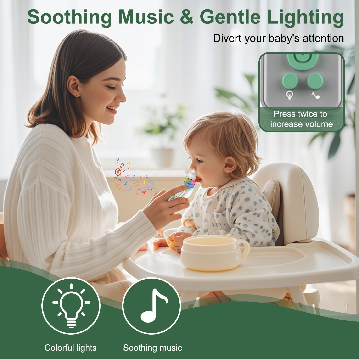 Baby Electric Nasal Aspirator，Nose Aspirator for Toddler with Adjustable 5 Levels Suction, Baby Nose Sucker, IP65 Waterproof Automatic Nasal Cleaner with 3 Silicone Tips, Music & Lights