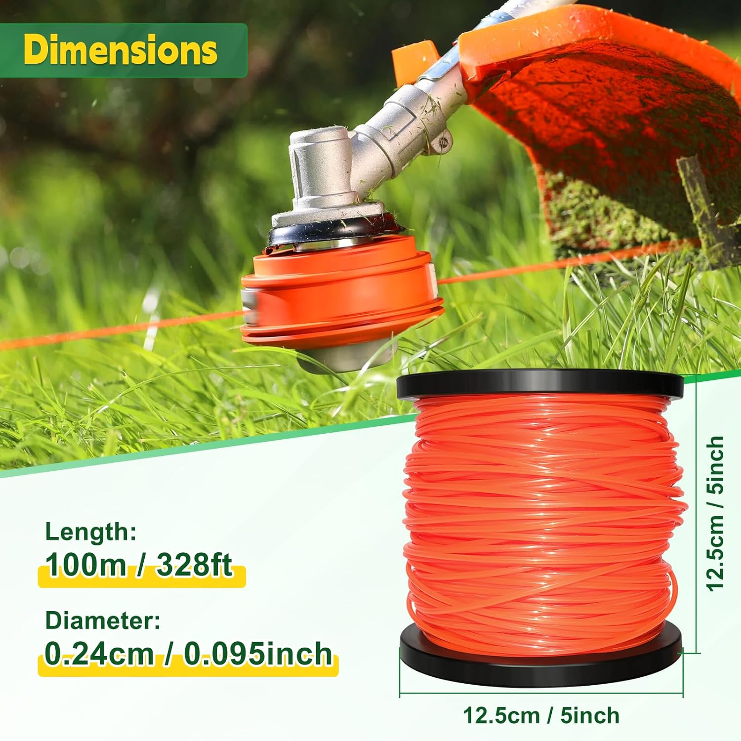 UCINNOVATE String Trimmer Line, 1 Spool round Weed Eater String 2.4Mm X 100M, Premium Nylon Weed Wacker String, 095 Trimmer Line Heavy Duty for Lawn Mower, Orange (0.095 Inch X 328 Ft) image number 2
