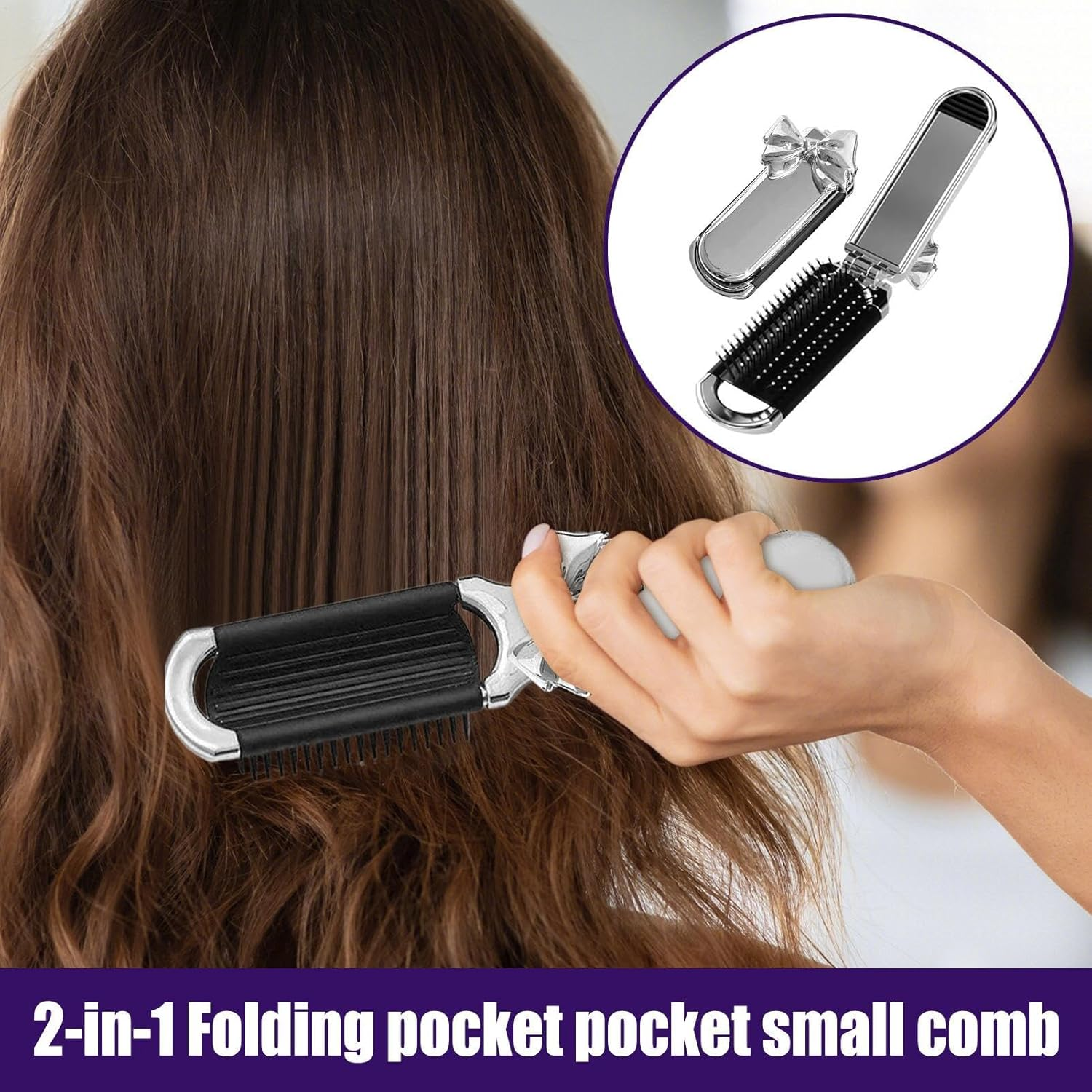 Travel Brush - Foldable Hair Detangling Comb with Mirror - Pocket Size Styling Accessories for Women Girls Home Travel Gym Purse - Bow image number 6