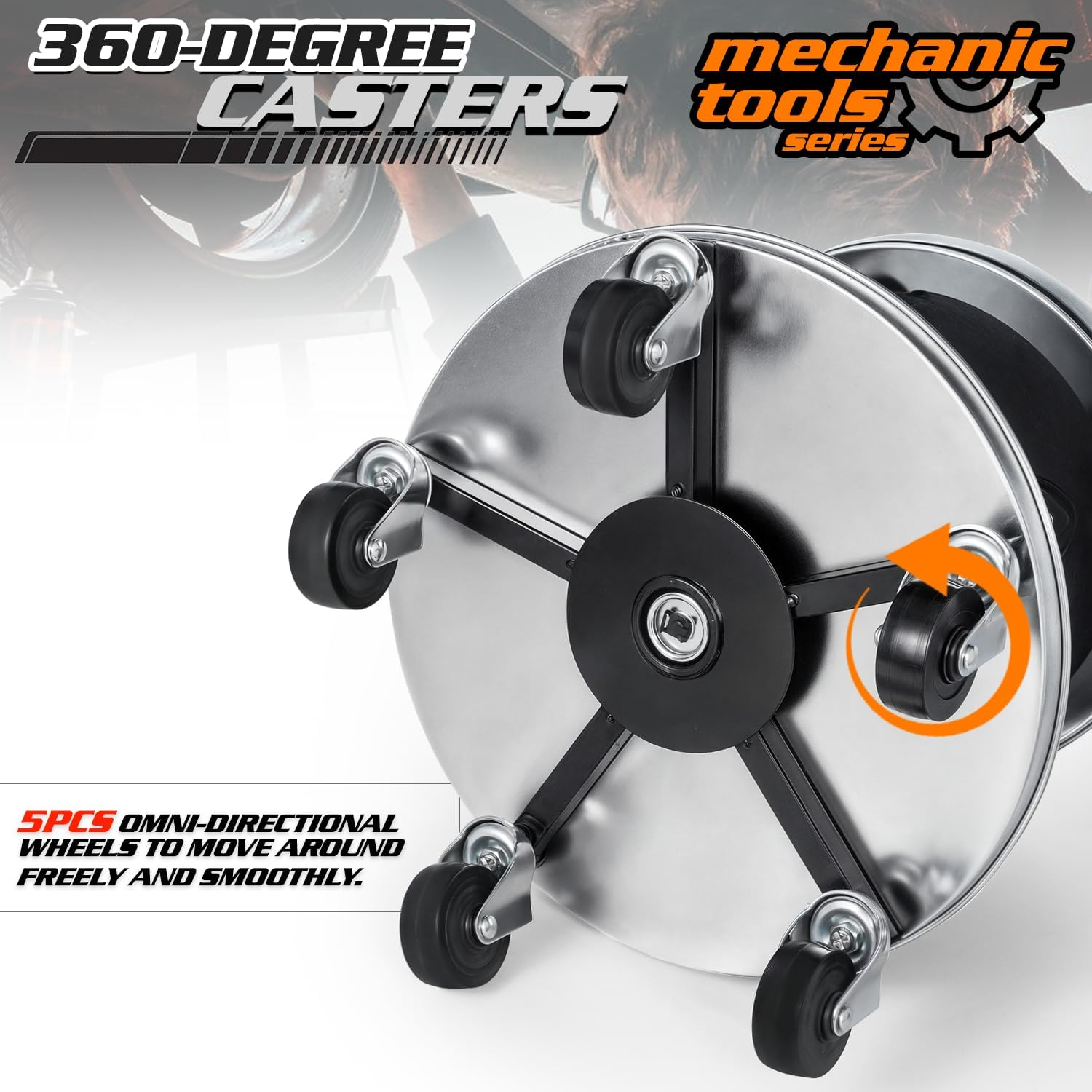 M-AUTO Pneumatic Rolling Mechanic Stool with Wheels 250-Pound Capacity Creeper, 18" to 23" Adjustable Height Mobile Garage Shop Seat with Detachable Tool Tray Storage, Black image number 4