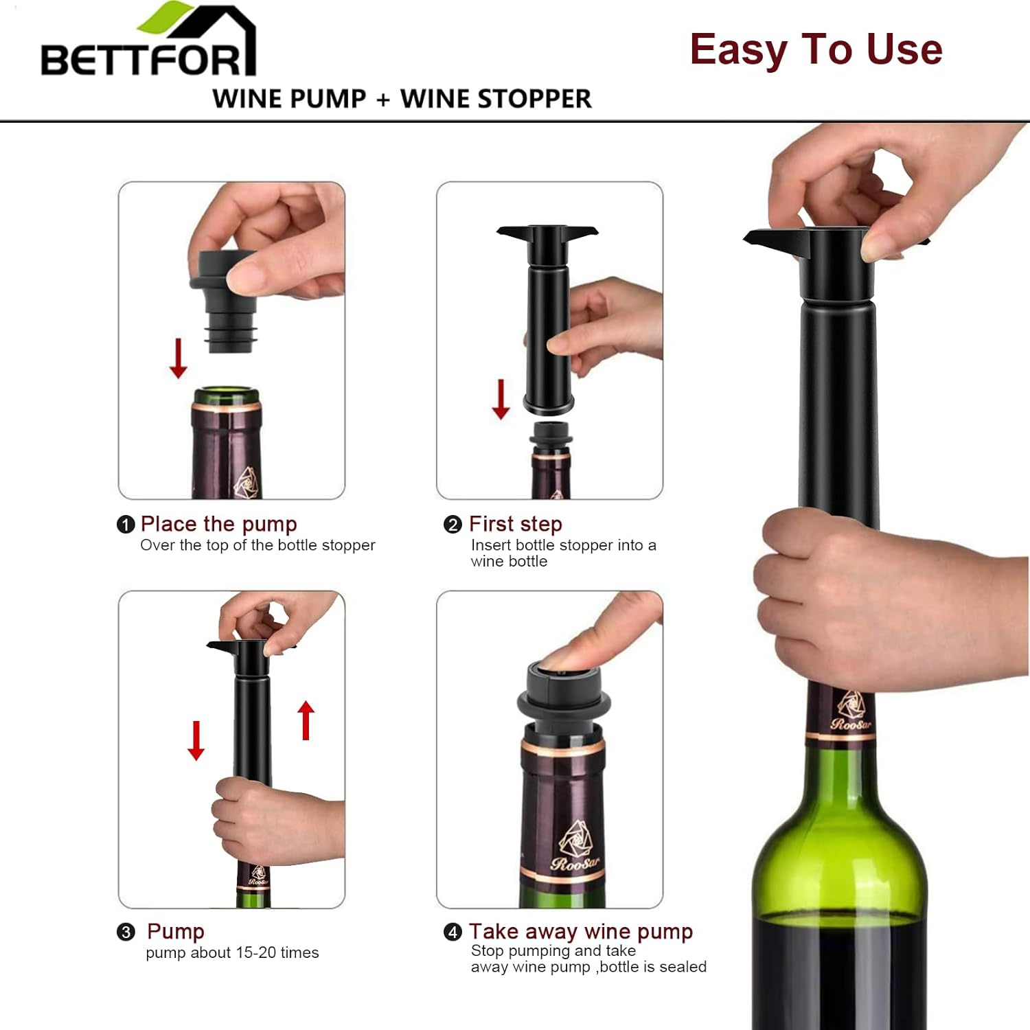 Wine Saver Pump with 4 Vacuum Wine Stoppers, Wine Bottle Stoppers with Food Grade Silicone Leak Proof Keep Fresh Suitable for All Standard Wine Bottles image number 2