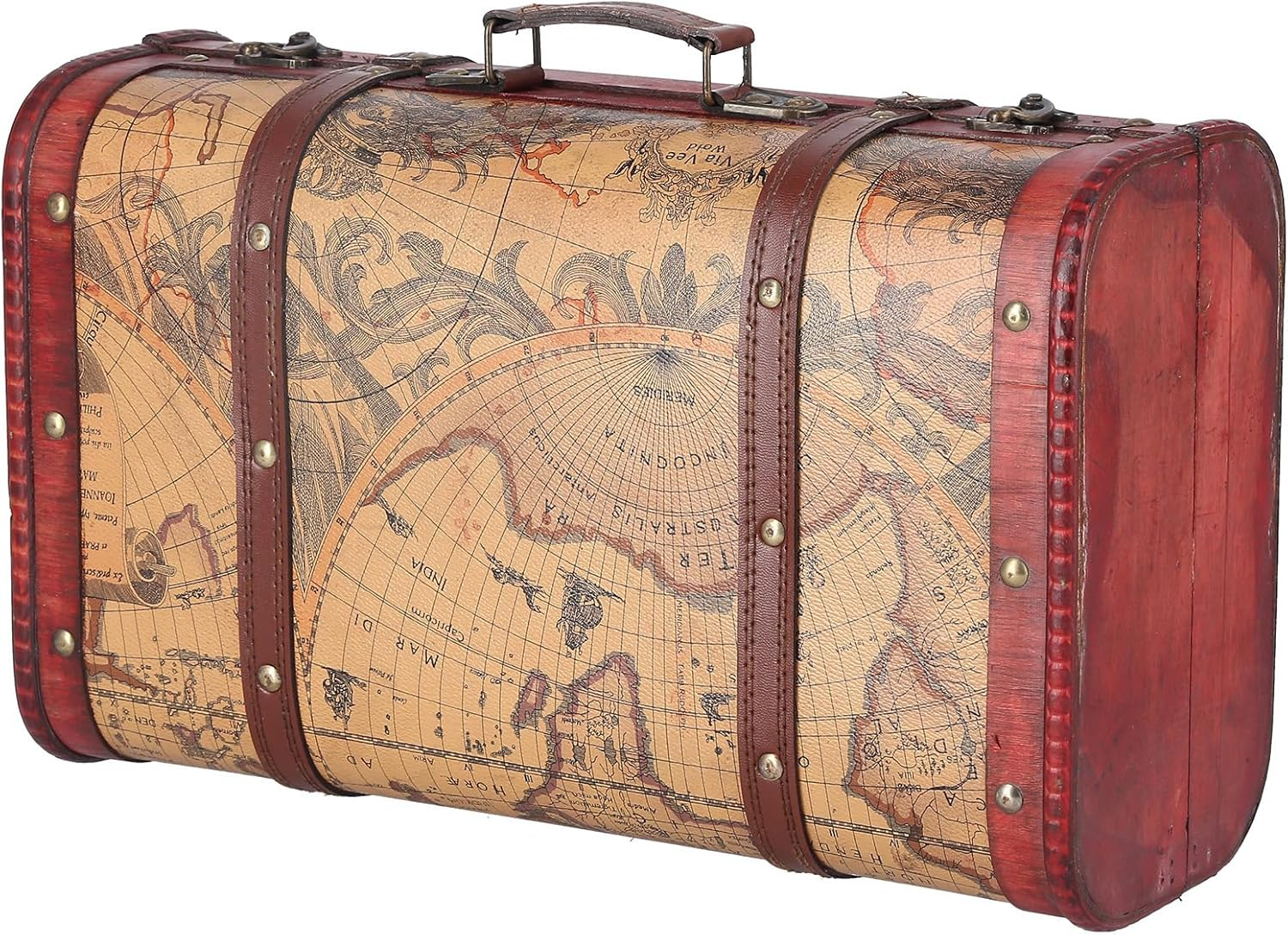 Vintage Suitcase Portable Wood Map Pattern Retro Storage Chest Home Decoration image number 1