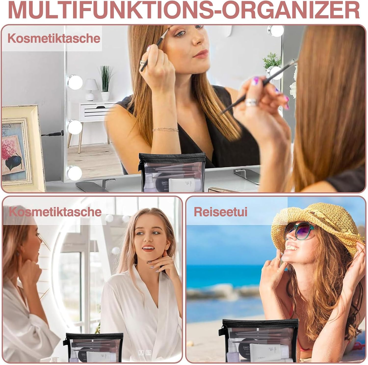 CALLYSONIC Pack of 3 Mini Cosmetic Bag, Small Cosmetic Bag for Handbag, Women'S Make-Up Bag, Small Toiletry Bag, Nylon Mesh Bag for Daily, Office Supplies and Cosmetics image number 2