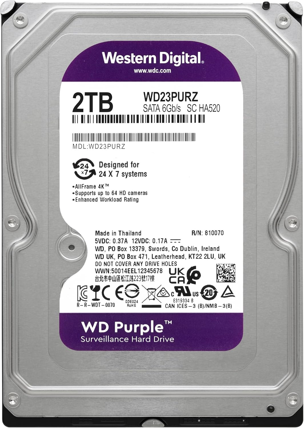Western Digital 2TB WD Purple Surveillance Internal Hard Drive HDD - SATA 6 Gb/S, 64 MB Cache, 3.5" - WD23PURZ