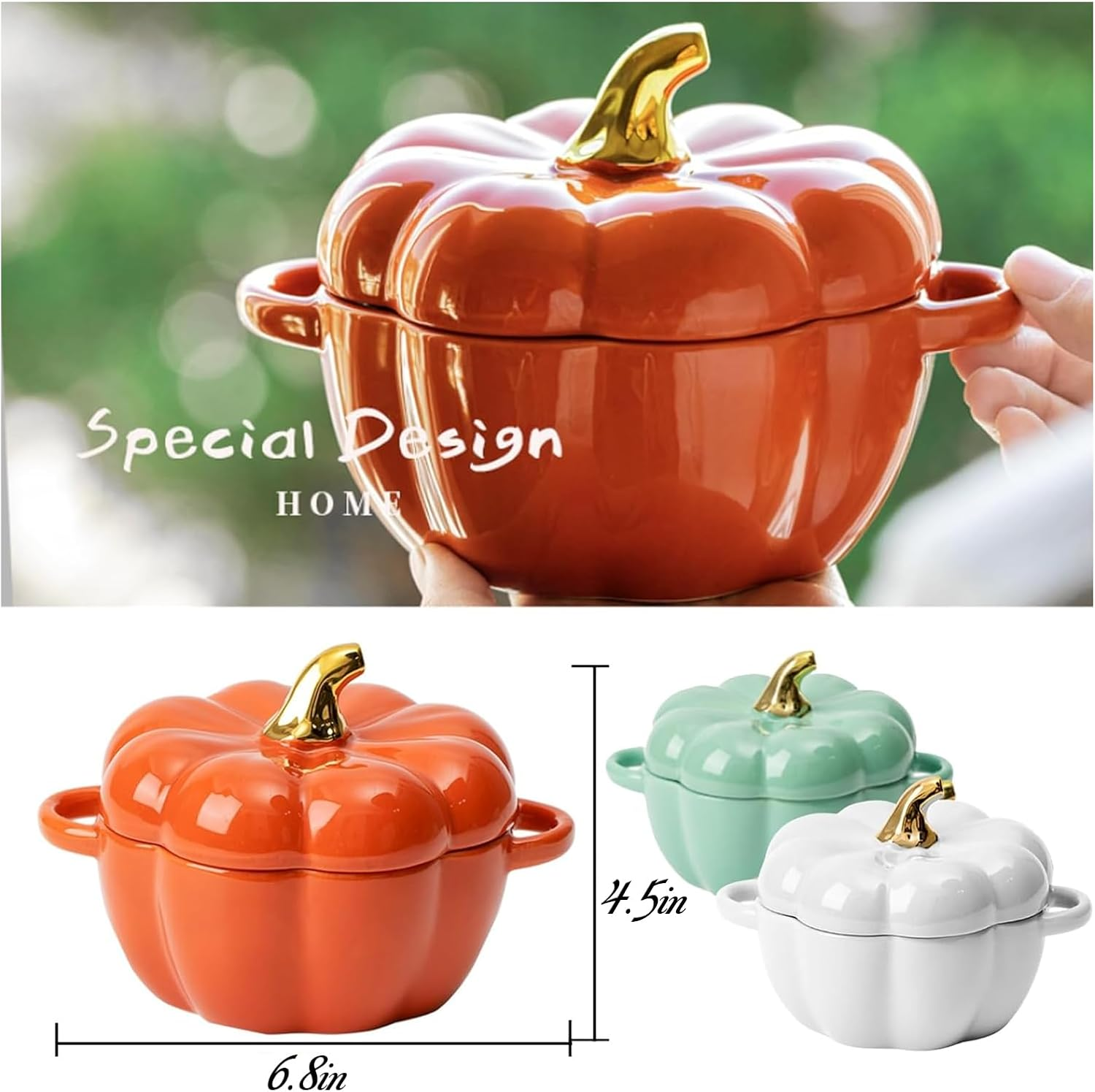 Cute Bowl with Lid, 15 Ounce Ceramic Pumpkin Soup Bowl with Handle, Microwave & Dishwasher Safe Pumpkin Dish Soup Cereal Bowl, Decor Dinnerware for Home Thanksgiving Halloween Party (White) - Green image number 6