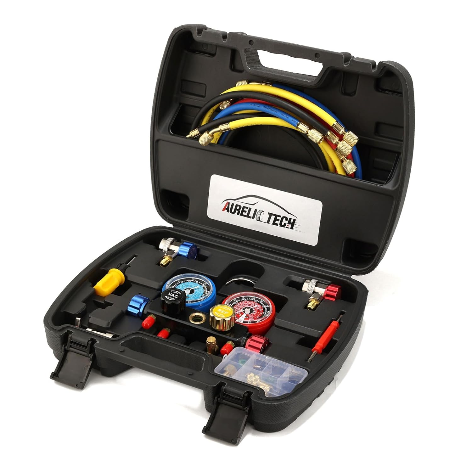 2020 UPGRATE Version 4 Way A/C Manifold Gauge Set Fits R134A R410A R404A R22 Refrigerants with 5FT Hose, 3 Acme Tank Adapters, Adjustable Couplers and Can Tap