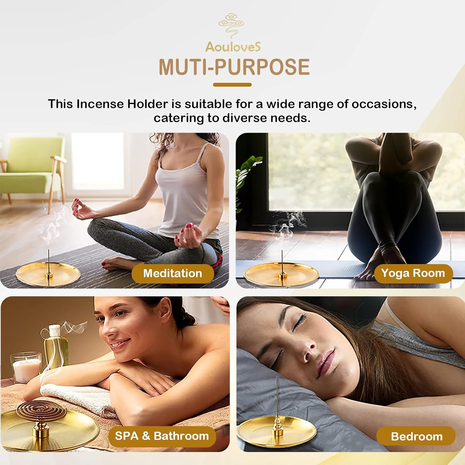 5 in 1 Incense Burner,Upgrade 5.5 Inch Brass Incense Holder for Incense Sticks/Coil Incense Cones, Brass Ash Catcher for Meditation Yoga Roomr,Home Fragrance Decoration image number 2