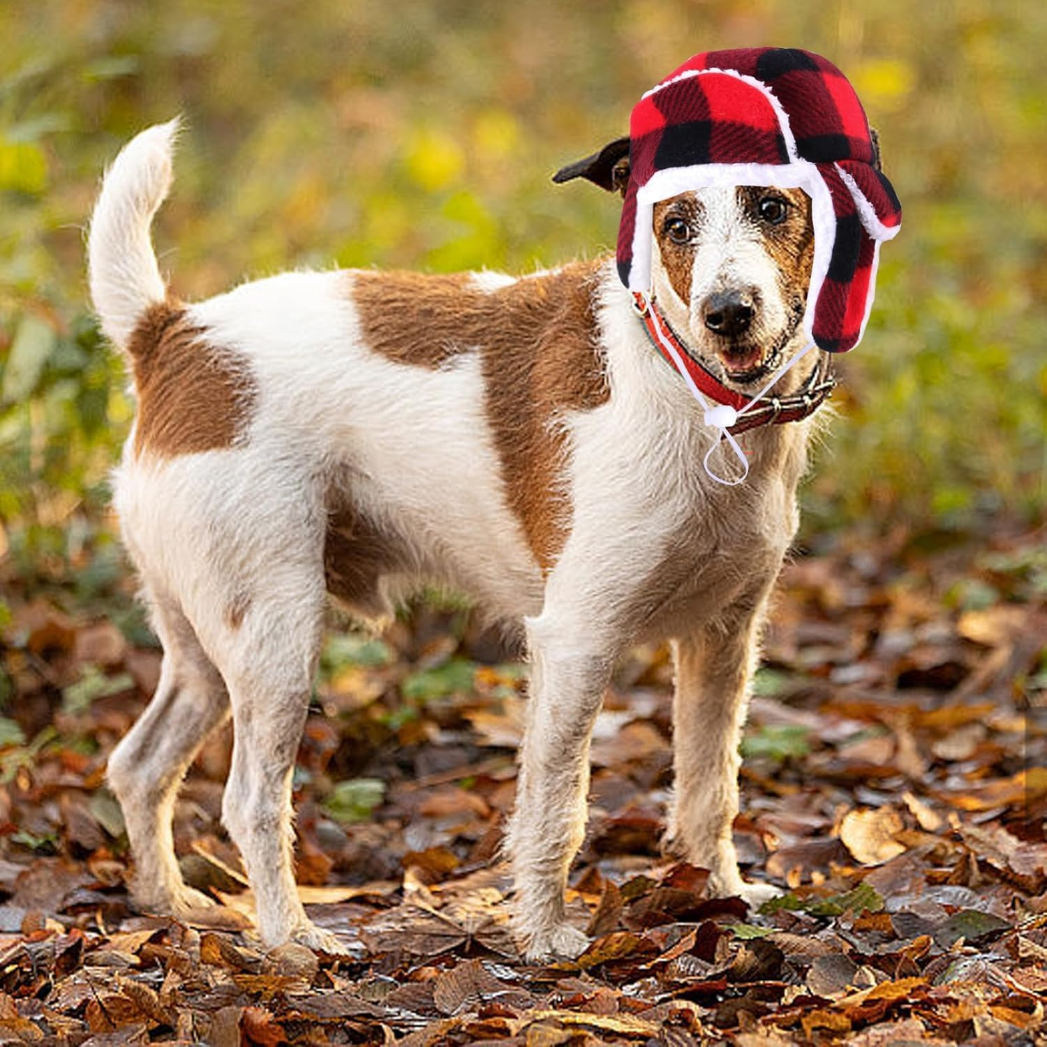 Christmas Dog Hat with Earmuffs,Warm Winter Dog Hat with Adjustable Elastic Band,Red Plaid Pet Cap,Pet Ears Warm,Snood Head Wrap,Xmas Dog Headwear,Christmas Dress up Costume Hat (Red, One Size) image number 5
