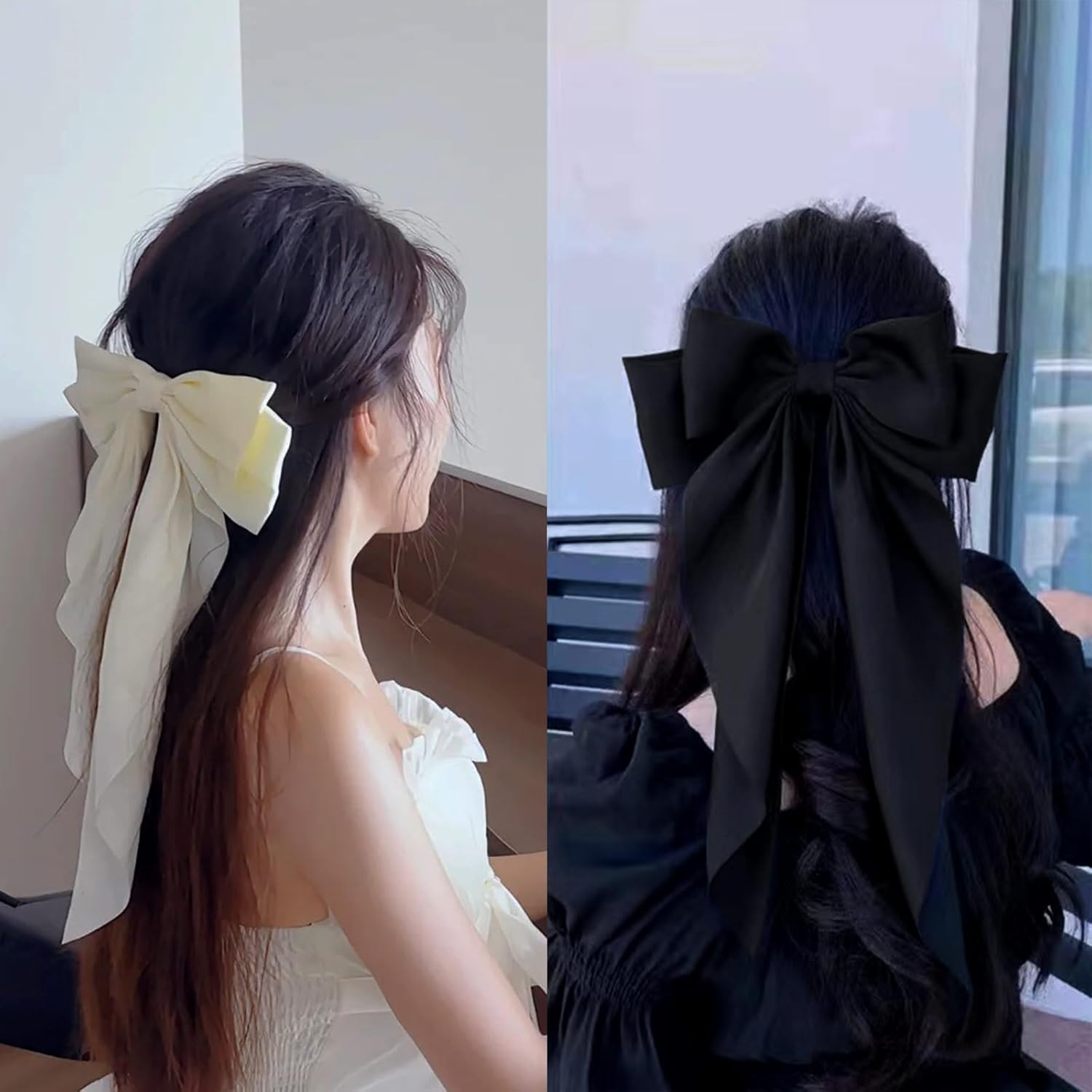 Blooms Big Bow Hair Clip, Satin Hair Bows for Girls Women White Black Hair Bow Clip Solid Color Hair Ribbon 2 Pcs Long Silky Bows for Hair French Barrettes Stylish Hair Accessories for Party, Wedding image number 4