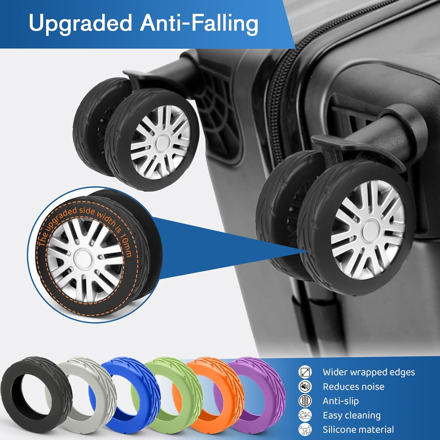 TSJLIKI 8-Pack Upgrade Luggage Wheel Covers, Wear-Resistant & Anti-Noise Silicone Protectors for 5-6Cm Spinner Wheels, Universal Fit for Carry-On Suitcase (Purple) - Blue image number 2