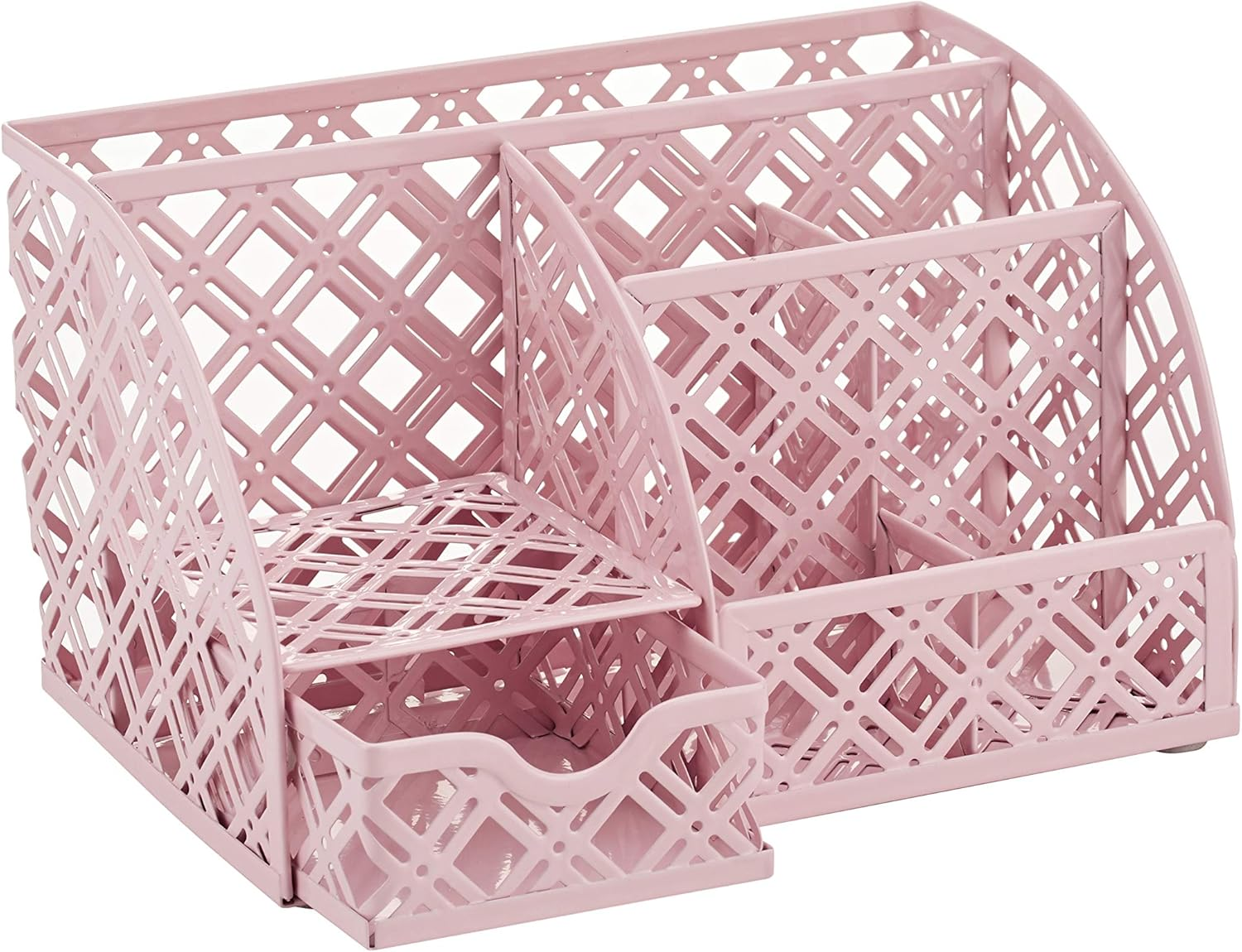 EXERZ Desk Organiser/Mesh Desk Tidy Caddy/Pen Holder/Multifunctional Organiser with 7 Compartments (Light Pink)