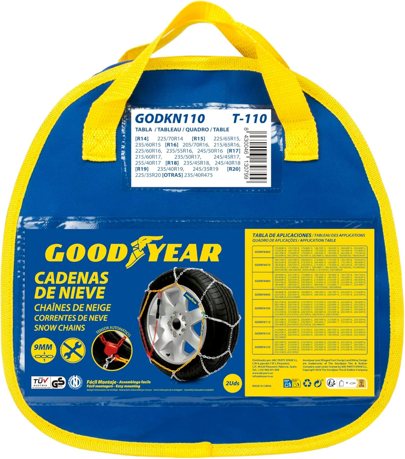 Goodyear Set of 2 X 9 Mm Metallic Car Snow Chains Size 110 with Automatic Tensioner