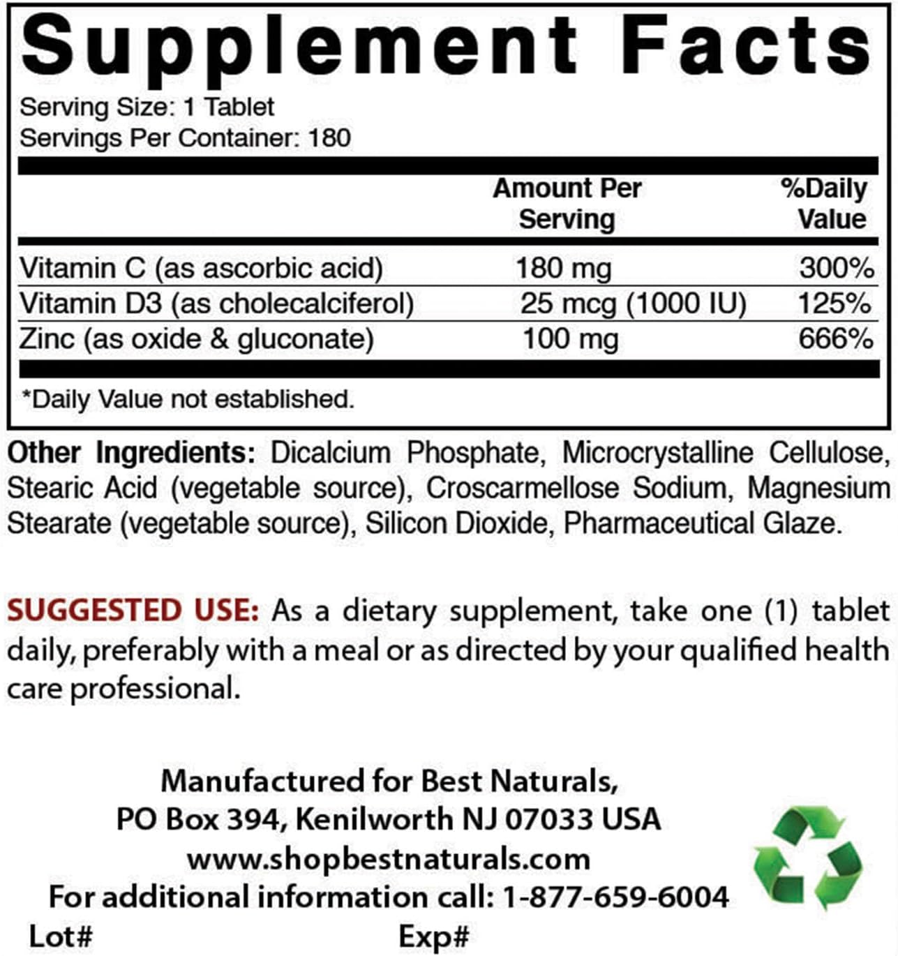 Best Naturals Zinc 100 Mg with Vitamin C & D3 180 Tablets Gluten Free and Non-Gmo